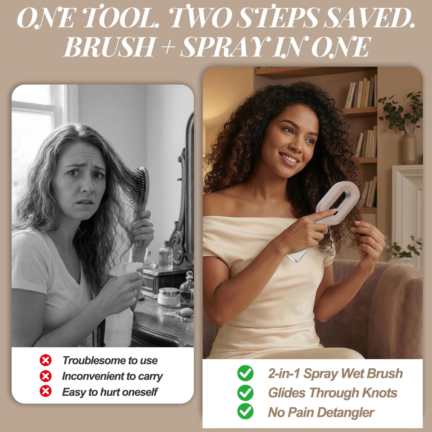 Portable Hair Brush with Water Spray, Travel-Friendly Fine Mist Detangling Brush for Wet & Dry Hair, Compact Water Spray Brush for Curly, Wavy & Straight Hair, Refillable Styling Tool(1, Khaki)