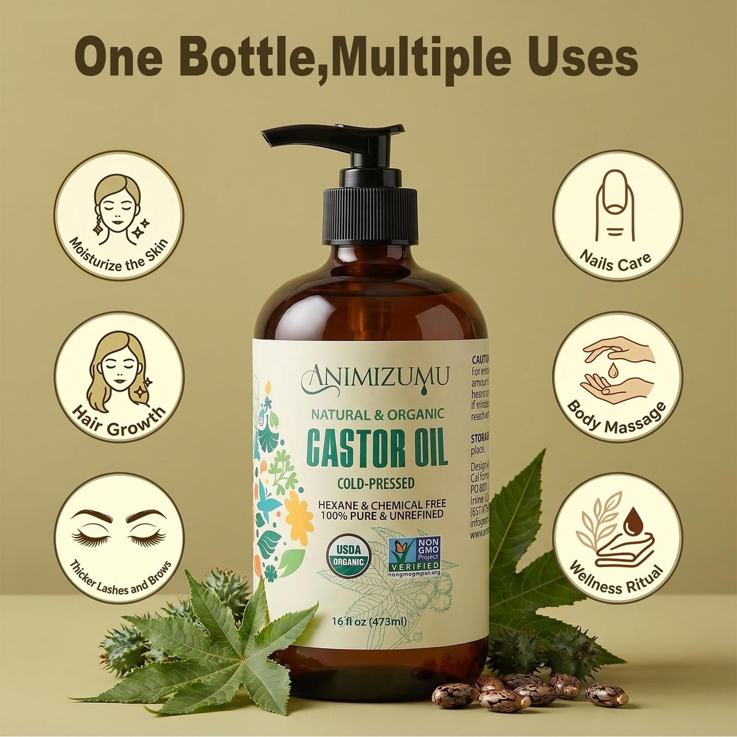 USDA Organic Castor Oil Cold Pressed,Unrefined Glass Bottle Hexane-Free Non-GMO Vegan,100% Pure Castor Oil for Hair Growth,Scalp,Face,Skin,Eyelashes,Eyebrows,Body Massage & Castor Oil Pack Wrap 16oz
