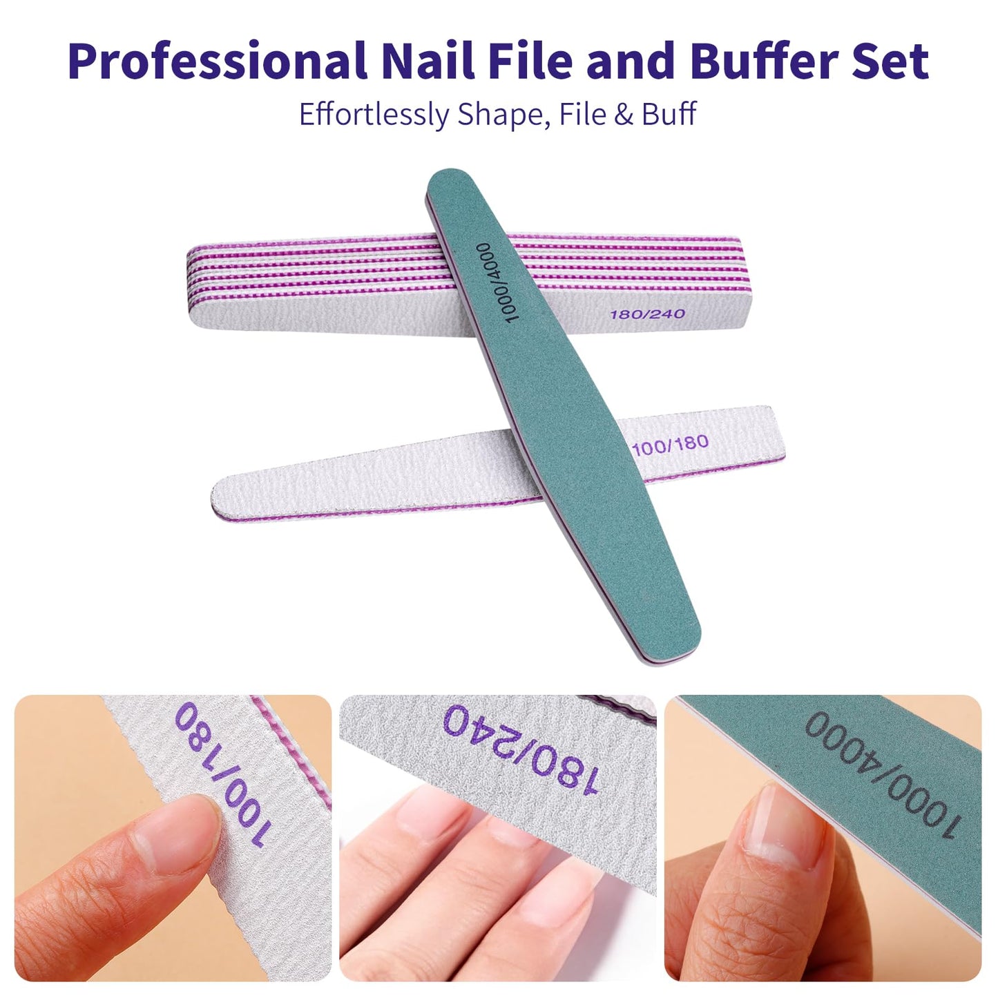 SWEET VIEW 14PCS Nail Files and Buffers Set – Emery Boards for Nails Including 100/180, 180/240 Nail File and 1000/4000 Buffer Block for High Shine, Nail Care for Acrylic, Gel & Natural Nails