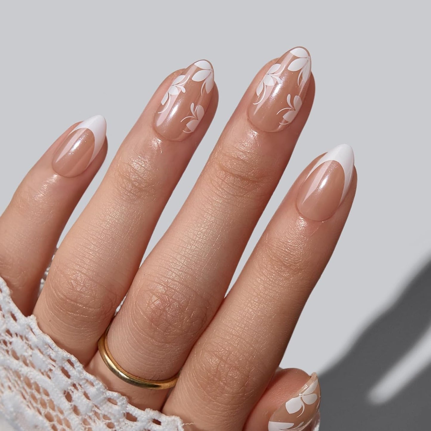 French Tip Press On Nails - Easy-to-Apply White Flower Almond Design | 32 Nails in 16 Sizes with Glue & Adhesive Tabs