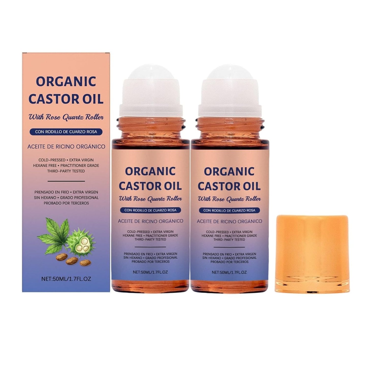 Organic Castor Oil - 100% Pure Cold-Pressed Formula with Rose Quartz Roller | 1.7 Fl Oz for Skin & Hair Care