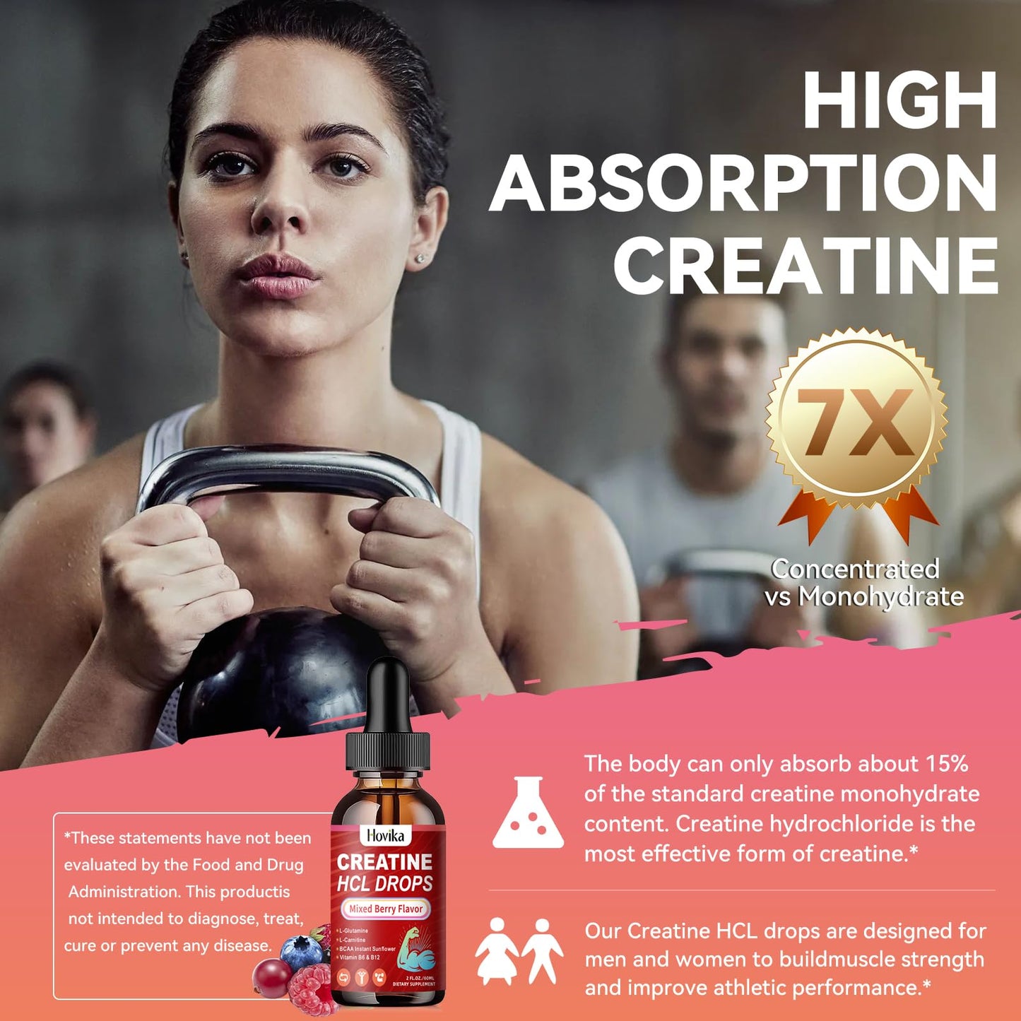 Hovika Creatine HCL Liquid Drops for Men & Women, Creatine Hydrochloride with L-Carnitine, L-Glutamine, BCAA, Vitamin B12 & B6 for Muscle Growth & Recovery-Vegan, Mixed Berry Flavor Flavor, 2 Fl Oz