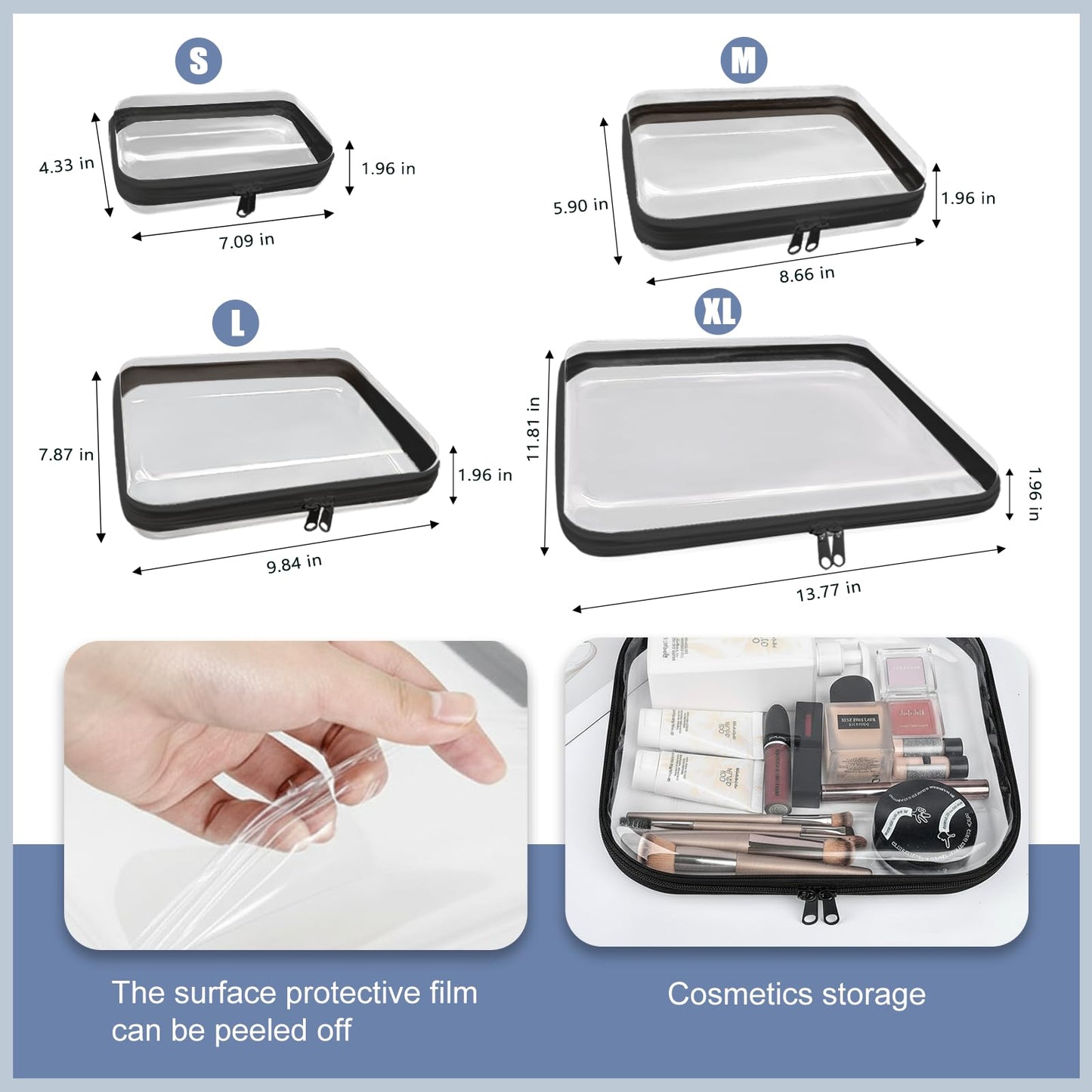 Bifrgmy 4PCS Clear Hard Shell Double-Zipper Pouches, Transparent Plastic Organizer Bags for Travel Cosmetics, Toiletries, Toy Storage & More (Black)