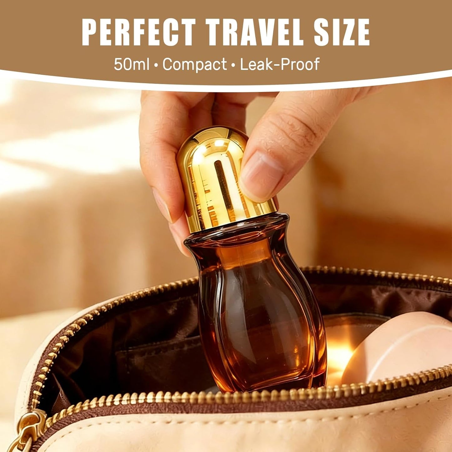 Rose Quartz Roller Bottles - 50ml Refillable Amber Glass | Leak-Proof Travel Perfume with Natural Crystal Rollers