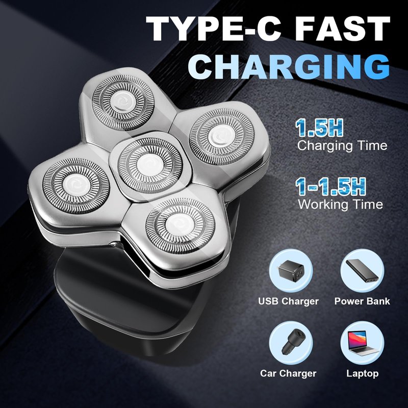 Head Shavers for Bald Men - 5-in-1 Electric Razor for Men, 5d Electric Shavers, Wet/Dry Bald Head Shavers with Led Smart Display, for Head Face Beard, IPX7 Waterproof