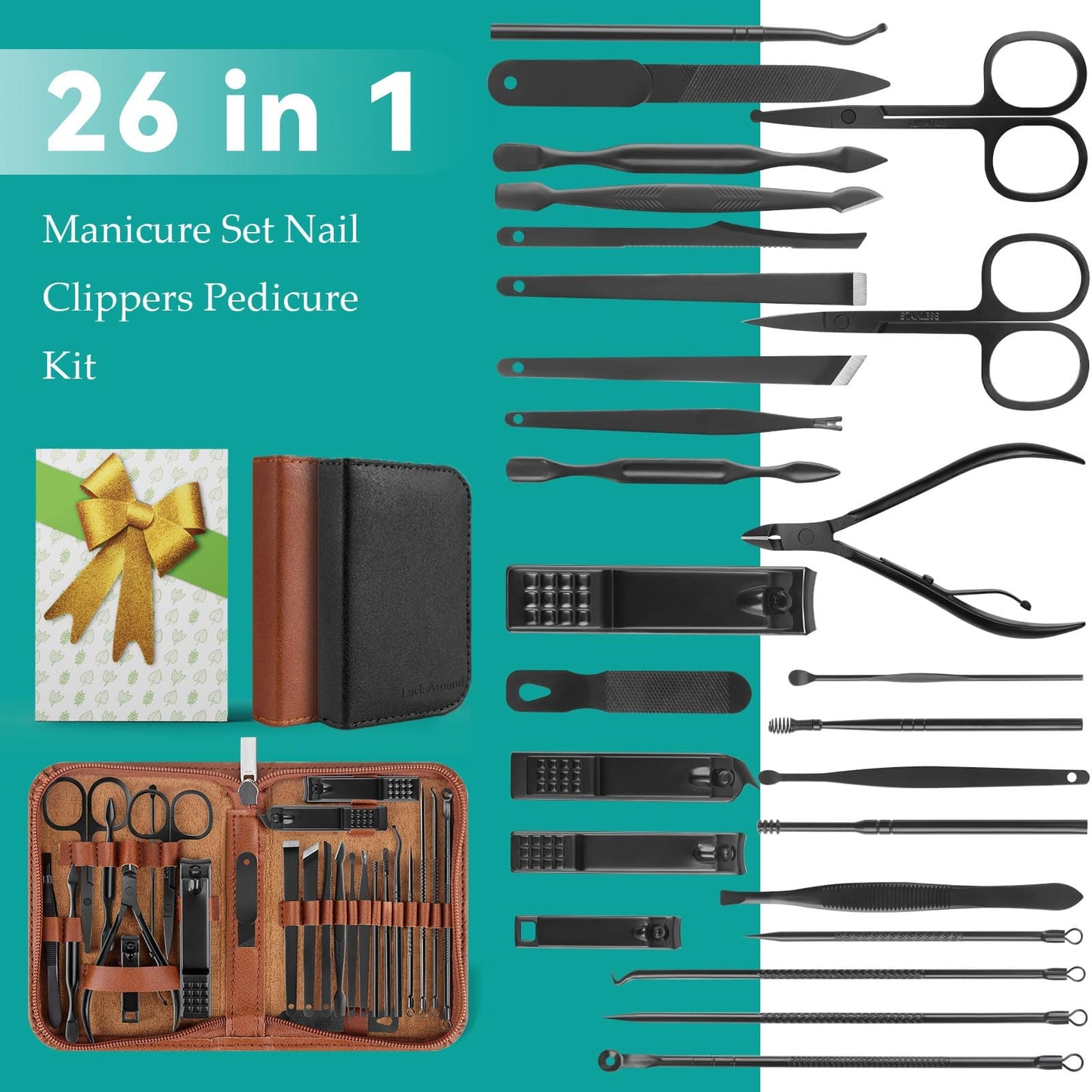 Nail Clippers Set, 26 Piece Manicure Set & Pedicure Kit, Stainless Steel Fingernail & Toenail Clipper Cutters, Professional Nail Care Tools with Luxurious Travel Case for Men and Women, Brown