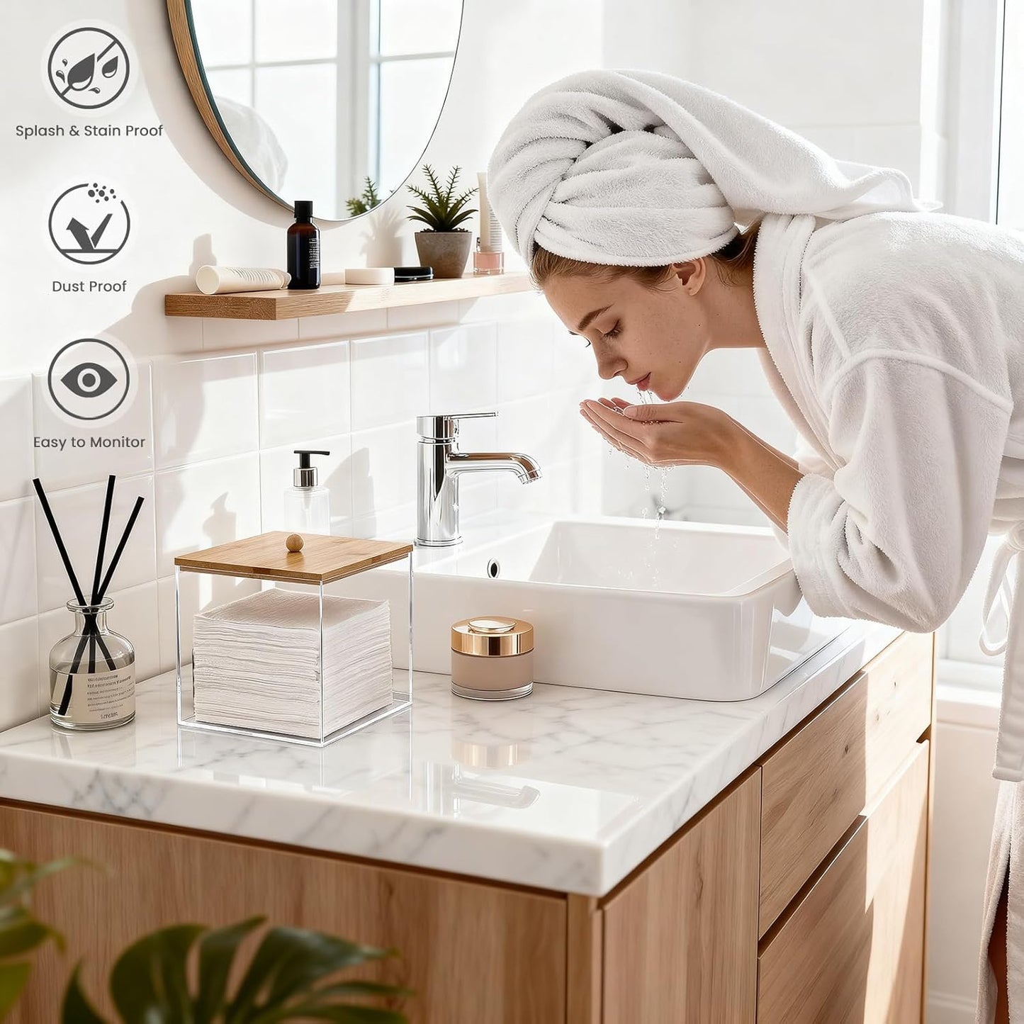 Acrylic Disposable Facial Towels Holder - Clear Storage Bin with Wood Lid | Bathroom Counter Organizer