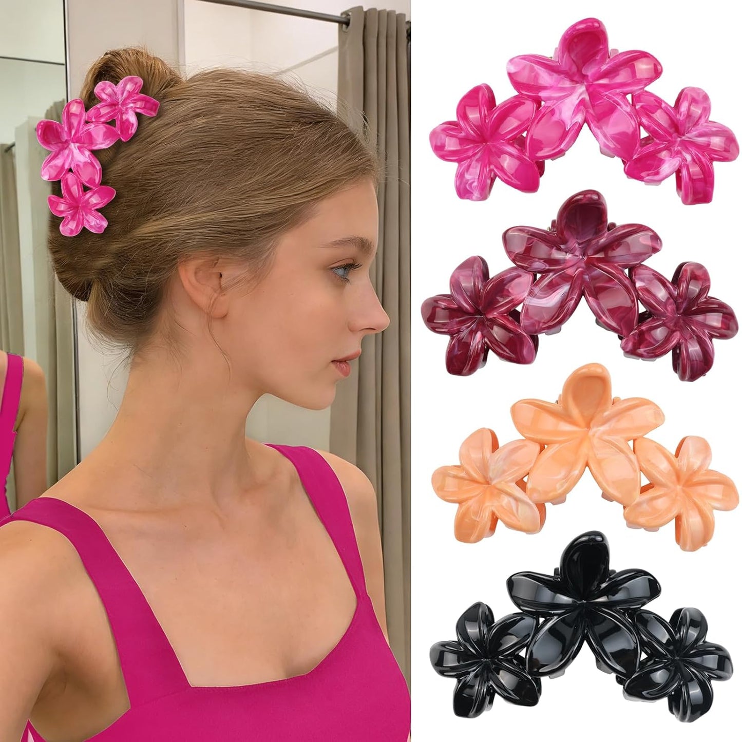 Cute Hawaiian Flower Claw Hair Clips - 4Pcs Large Clips for Thick or Thin Hair | Pink & Red Beach Accessories