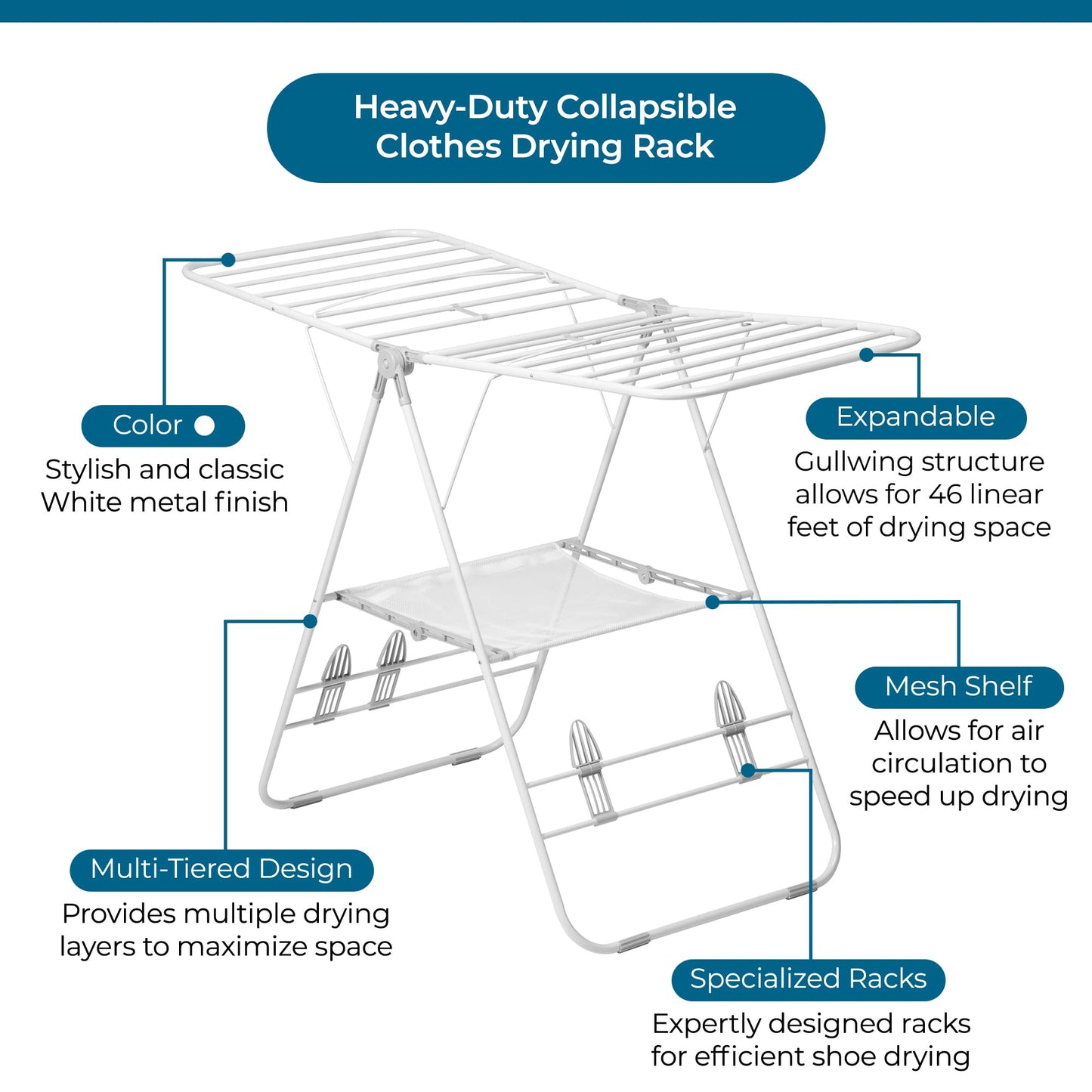 Honey-Can-Do Heavy-Duty Foldable Laundry Drying Rack – Portable Shoes & Clothes Rack for Indoor & Outdoor Use, Space-Saving Design, Easy to Fold Gullwing Design, Sturdy Metal, 50lb. Capacity, White