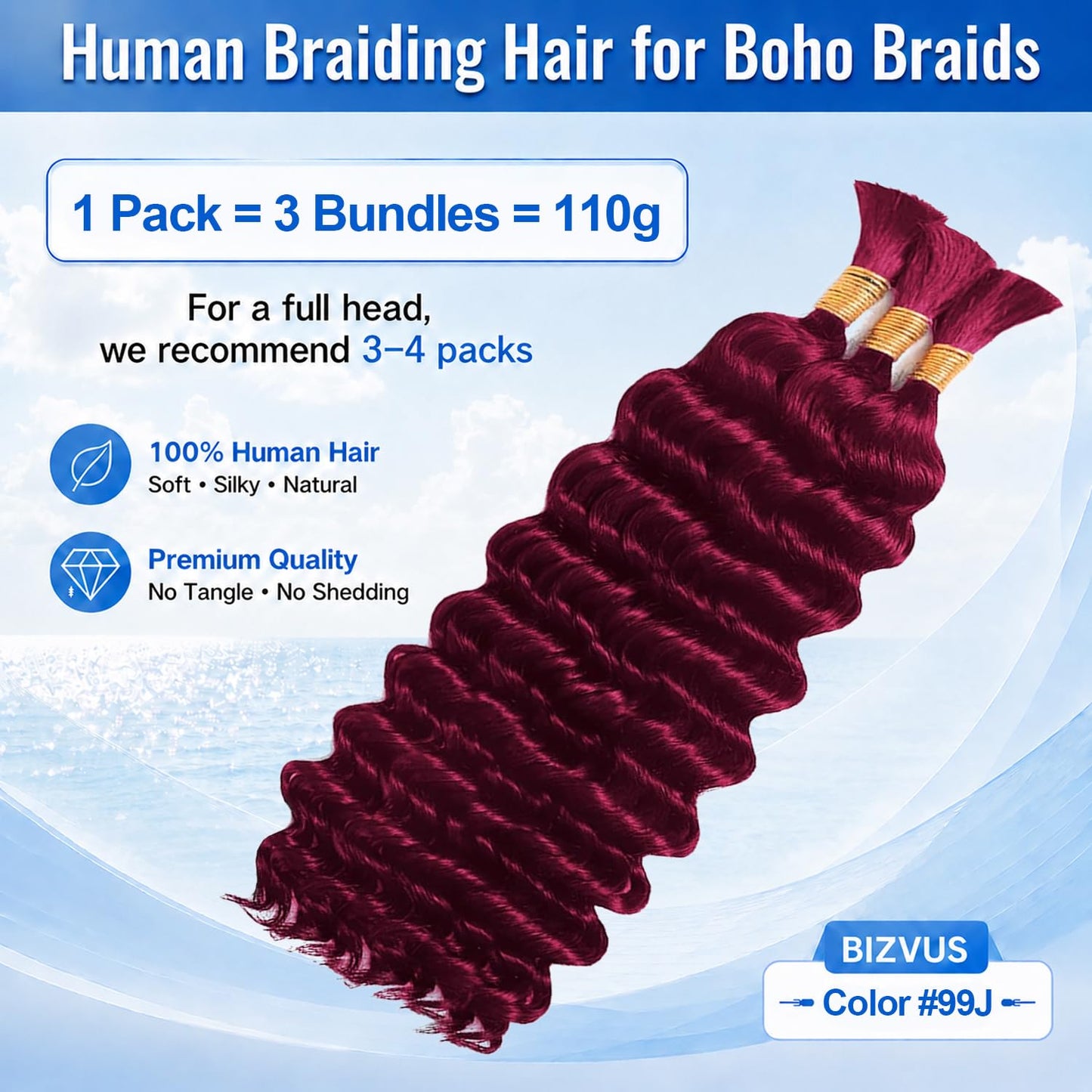BIZVUS Human Braiding Hair for Boho Braids 110g Deep Wave Boho Bulk Human Hair for Braiding Knotless 12A Wet and Wavy Bulk Bohemian Curly 3 Bundles/Pack #99J Burgundy Color 16 inch