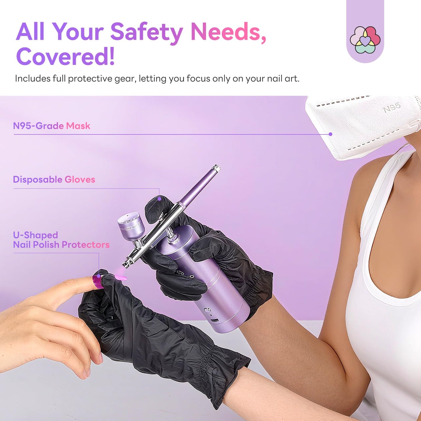 SAVILAND 7-in-1 Pro Airbrush Set: 6PSC Pink Airbrush Gel Nail Polish & Airbrush for Nails & Airbrush Cleaner & Airbrush Stencils & Protector for Fingers & Masks and Gloves Instant Nail Art