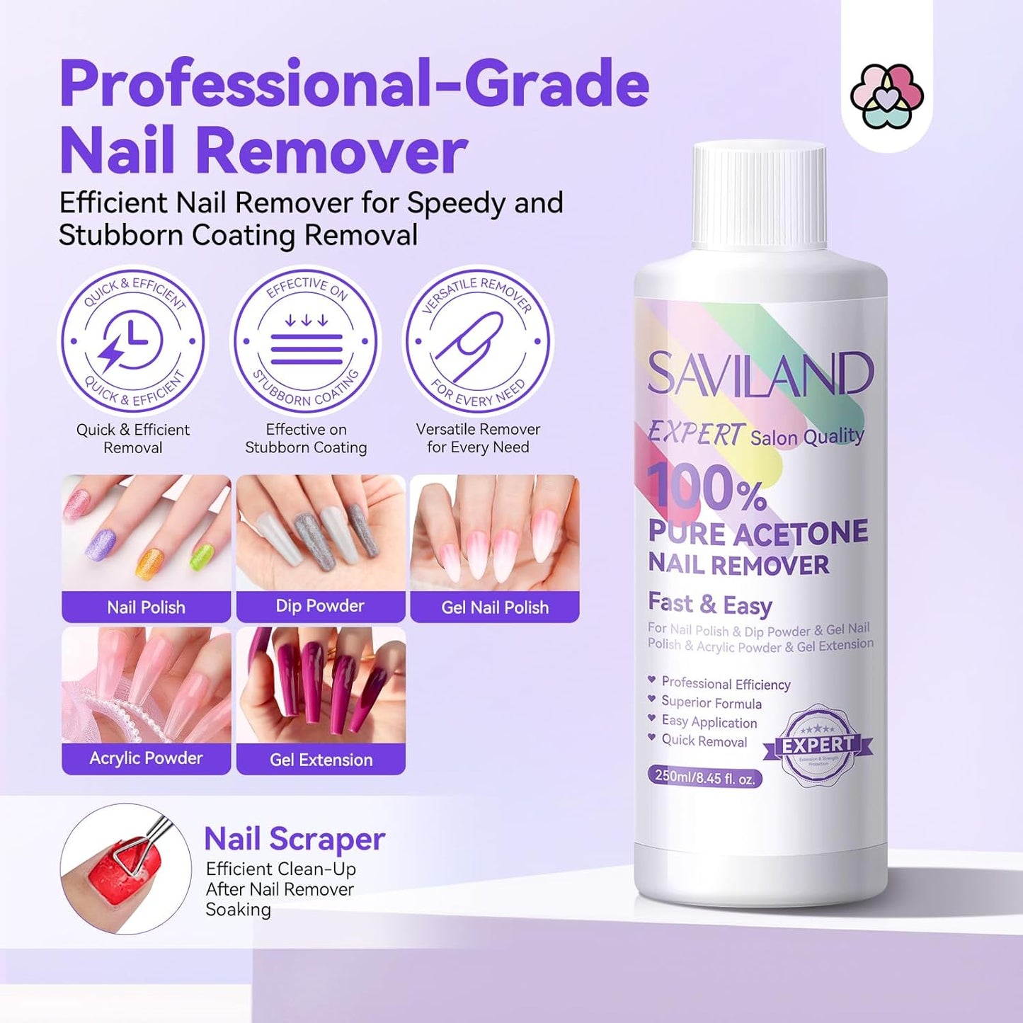 SAVILAND Pure Acetone Nail Polish Remover Kit - 8.45oz Gel & Acrylic Remover with Cuticle Oil, Files & Scraper for Easy Home Use