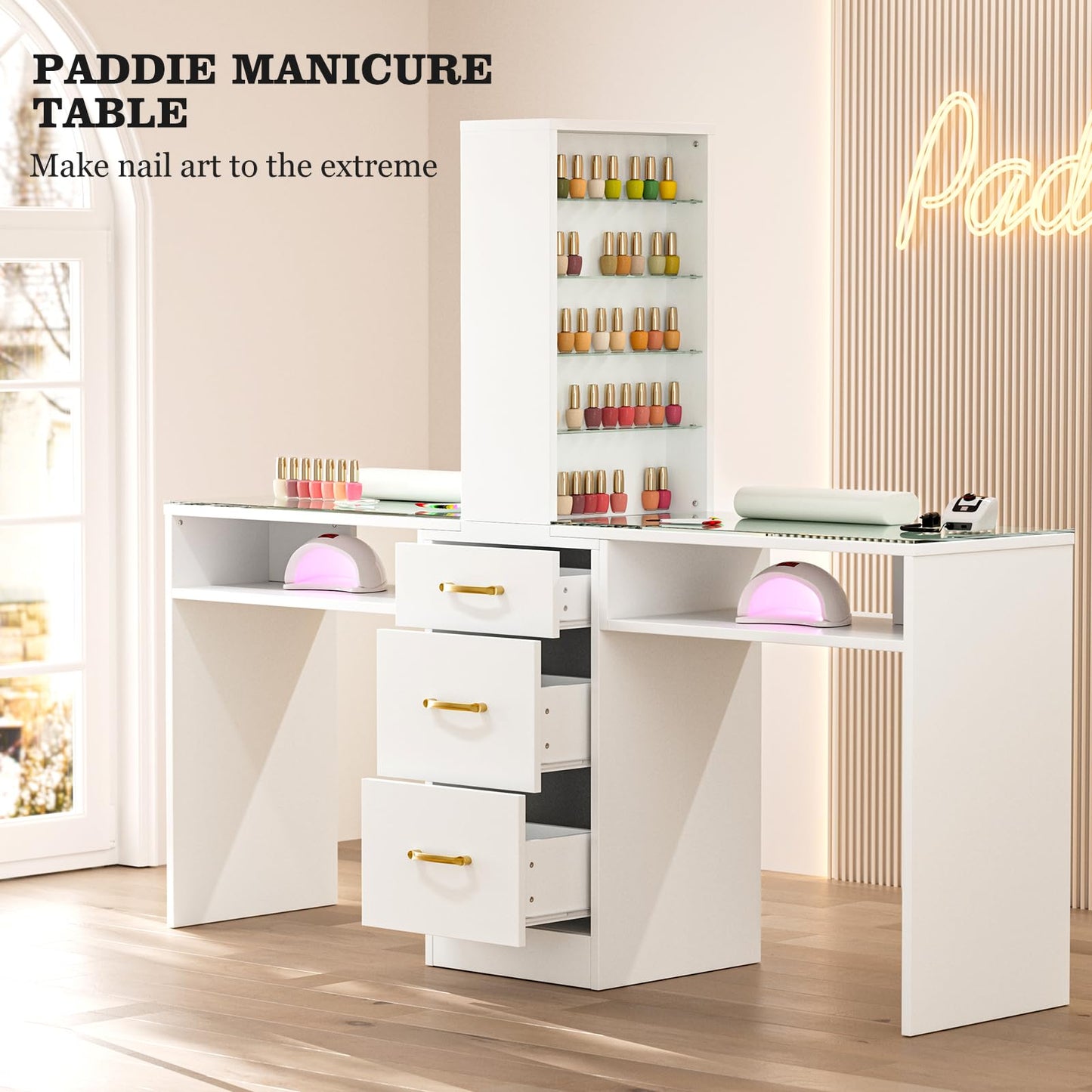 Paddie Double Manicure Table, Nail Desk for Nail Tech w/Glass Top & Wrist Rest, Nail Beauty Workstation w/3 Storage Drawers & 8-Tiers Open Shelves(White)