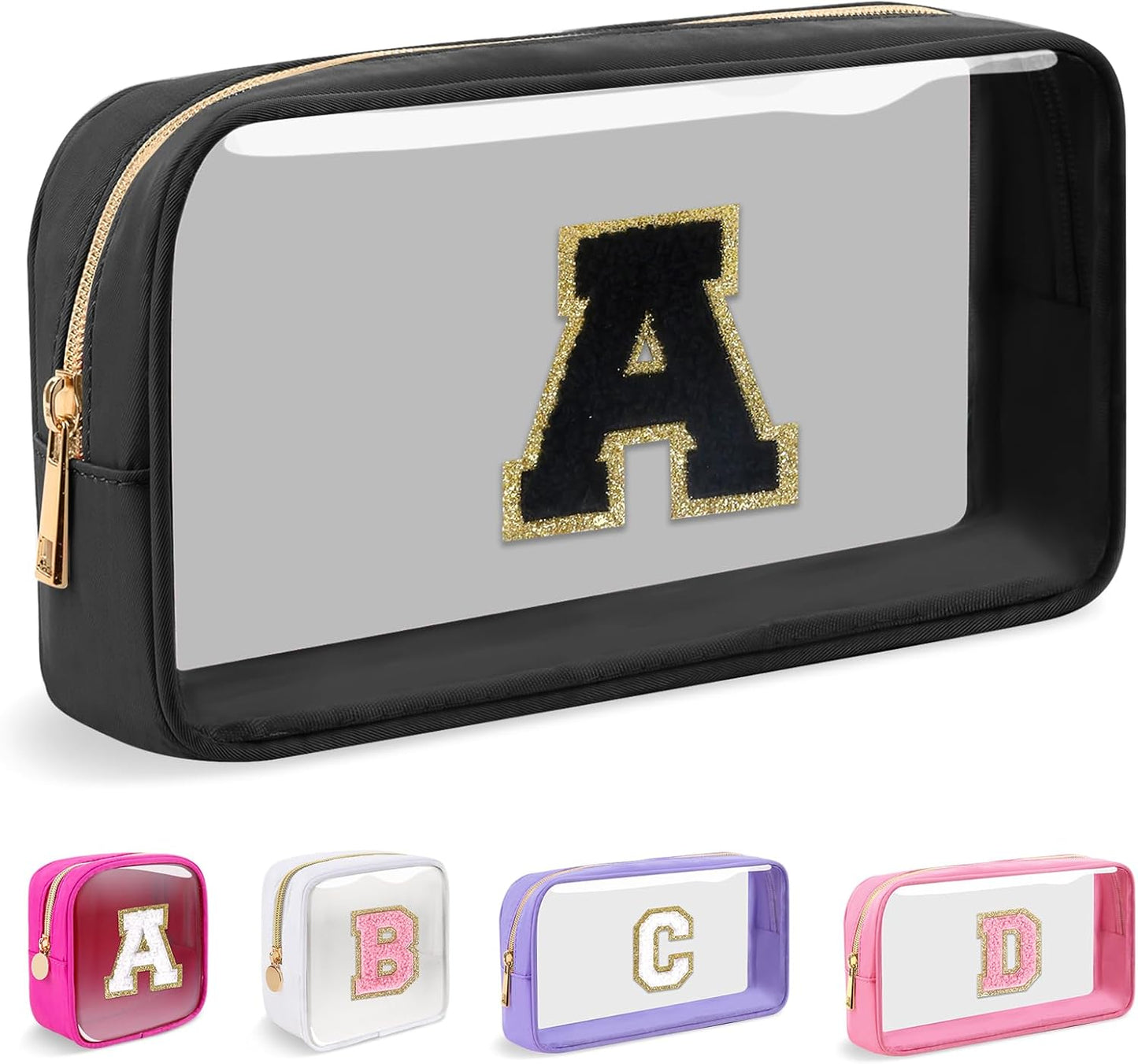 Personalized Initial Makeup Bag - Waterproof Nylon Cosmetic Pouch | A-Z Chenille Letter Patch, White-Pink G