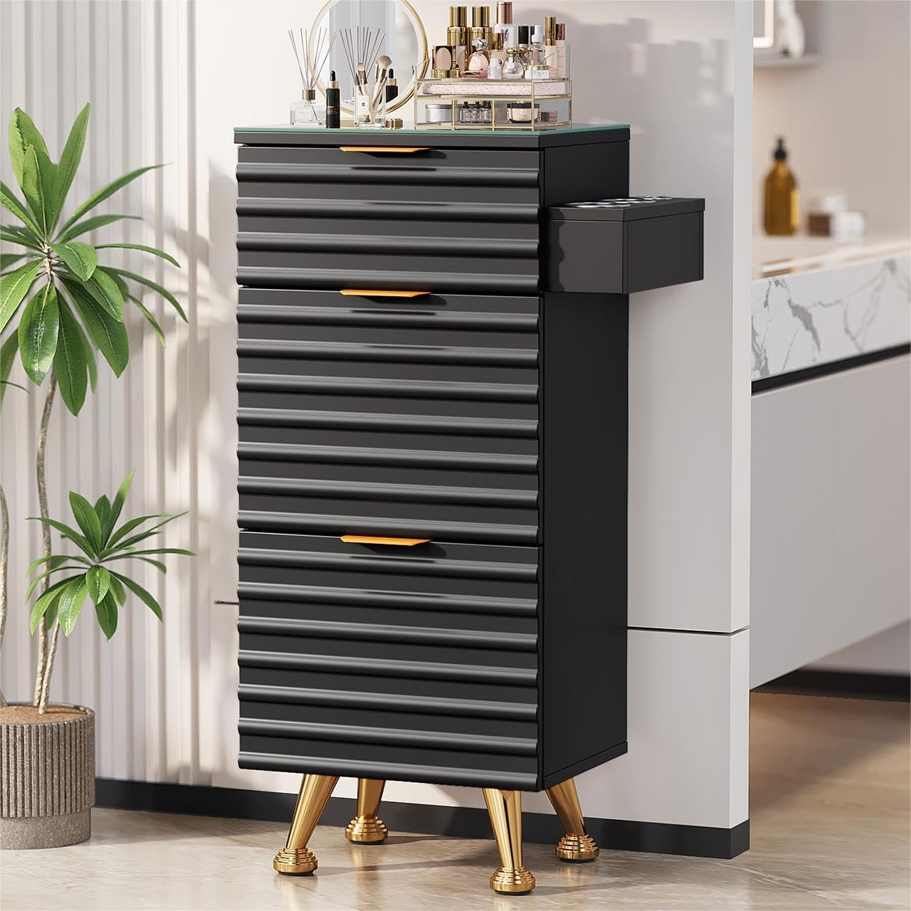 Professional Salon Station - Tempered Glass Top, 3 Drawers, Heat Resistant Tool Holders | Black Barber & Stylist Storage Cabinet