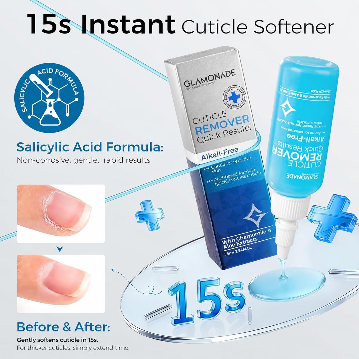Glamonade Instant Cuticle Remover Gel: Fast-Acting Cuticle Softener for Overgrown Rough Cuticles, Salicylic Acid, Gentle for Sensitive Skin, Professional Manicure Prep & Nail Care