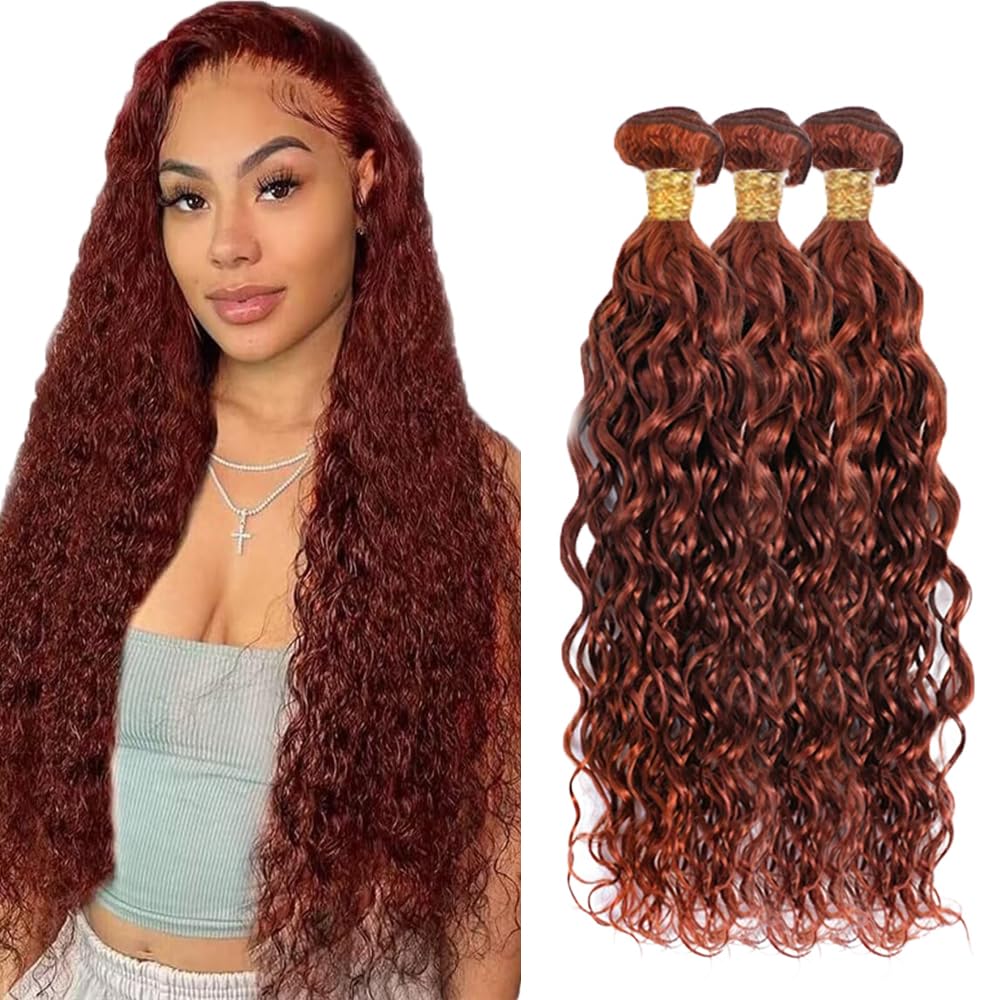 #33 Brown Bundles Human Hair Water Wave Bundles 16 18 20 Inch Light Brown Unprocessed Brazilian Virgin Hair 3 Bundles Deals Quick Weave Hair Extensions 50 Gram Per Bundle