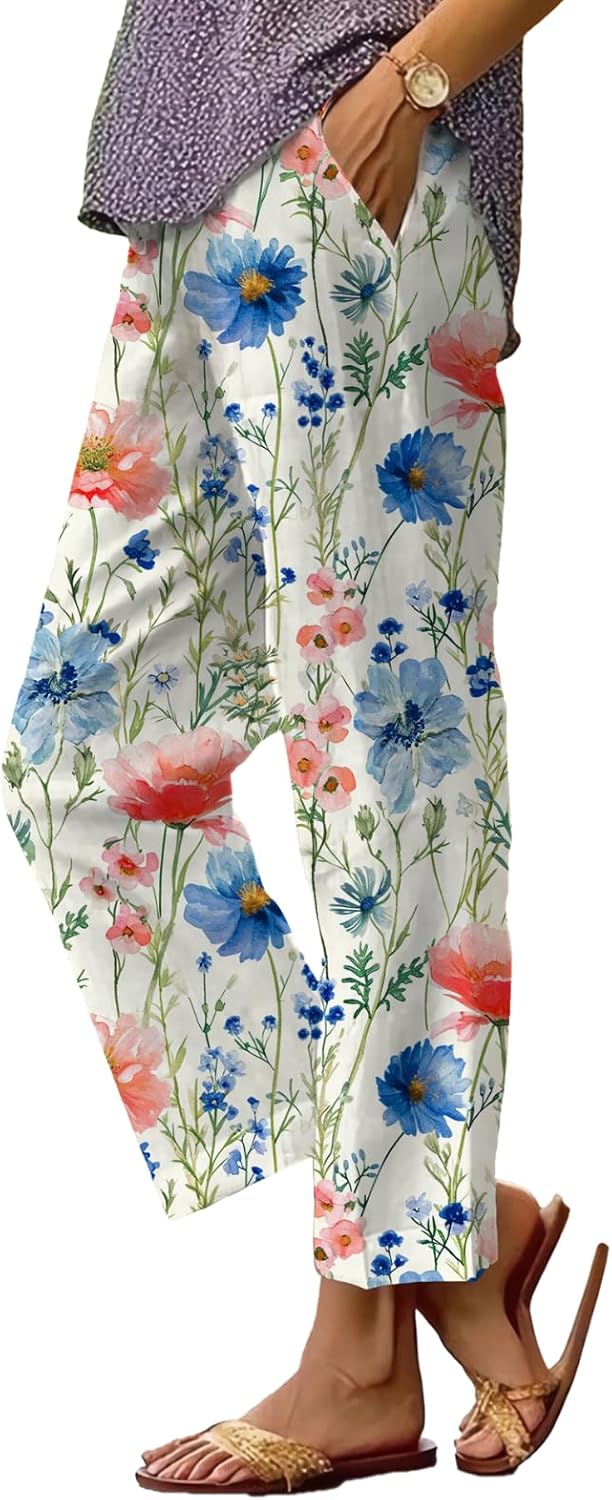 Women's Boho Floral Wide Leg Capris - Elastic Waist, Loose Fit Beach Pants | Casual Summer Trousers