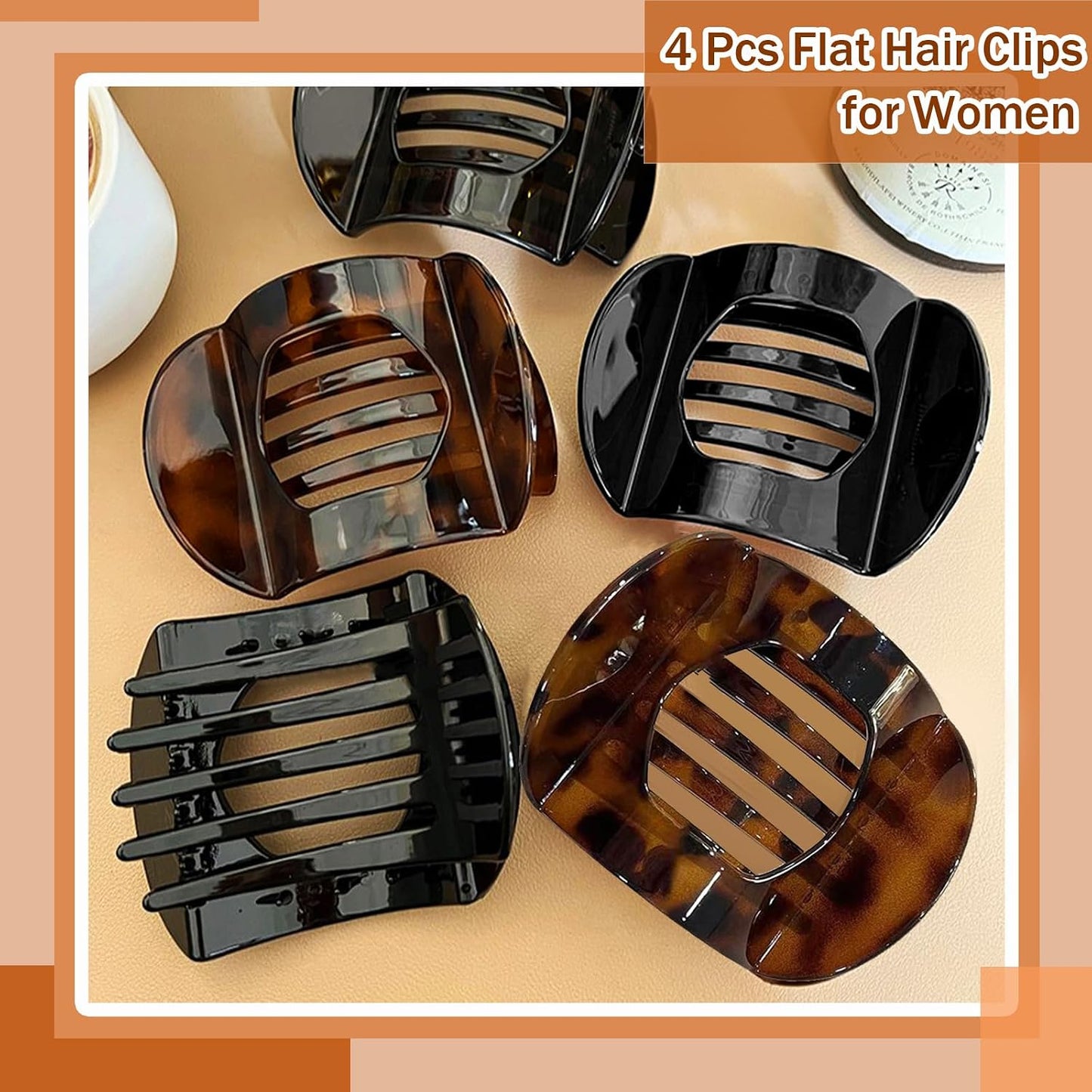 Large Flat Hair Clips - 4 Pcs Black Leopard Claw Clips for Strong Hold | Comfortable for Thick & Thin Hair