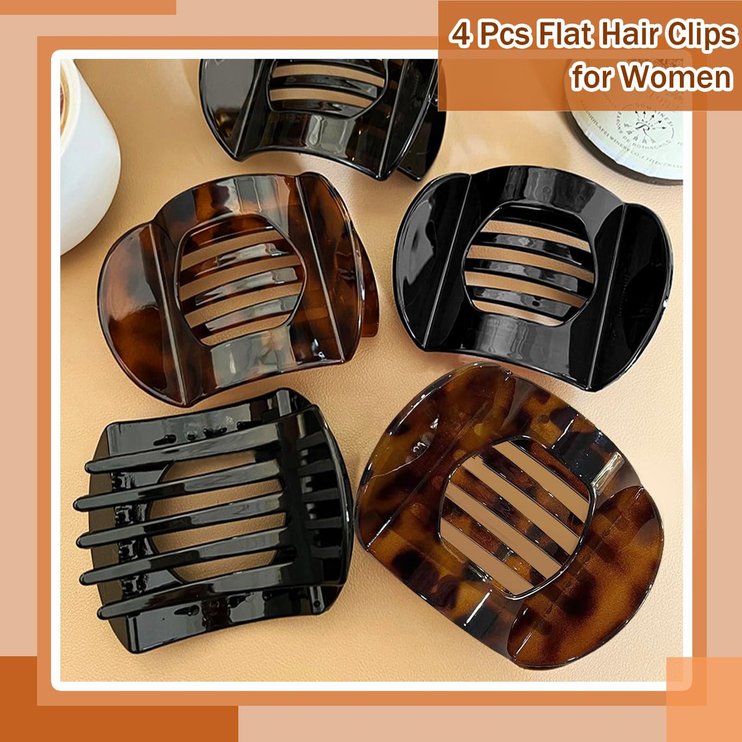 4 Pcs Flat Hair Clips Large Flat Claw Clips For Women, Black Leopard Strong Hold Hair Barrettes for Thick and Thin Hair Comfortable Curved Clips