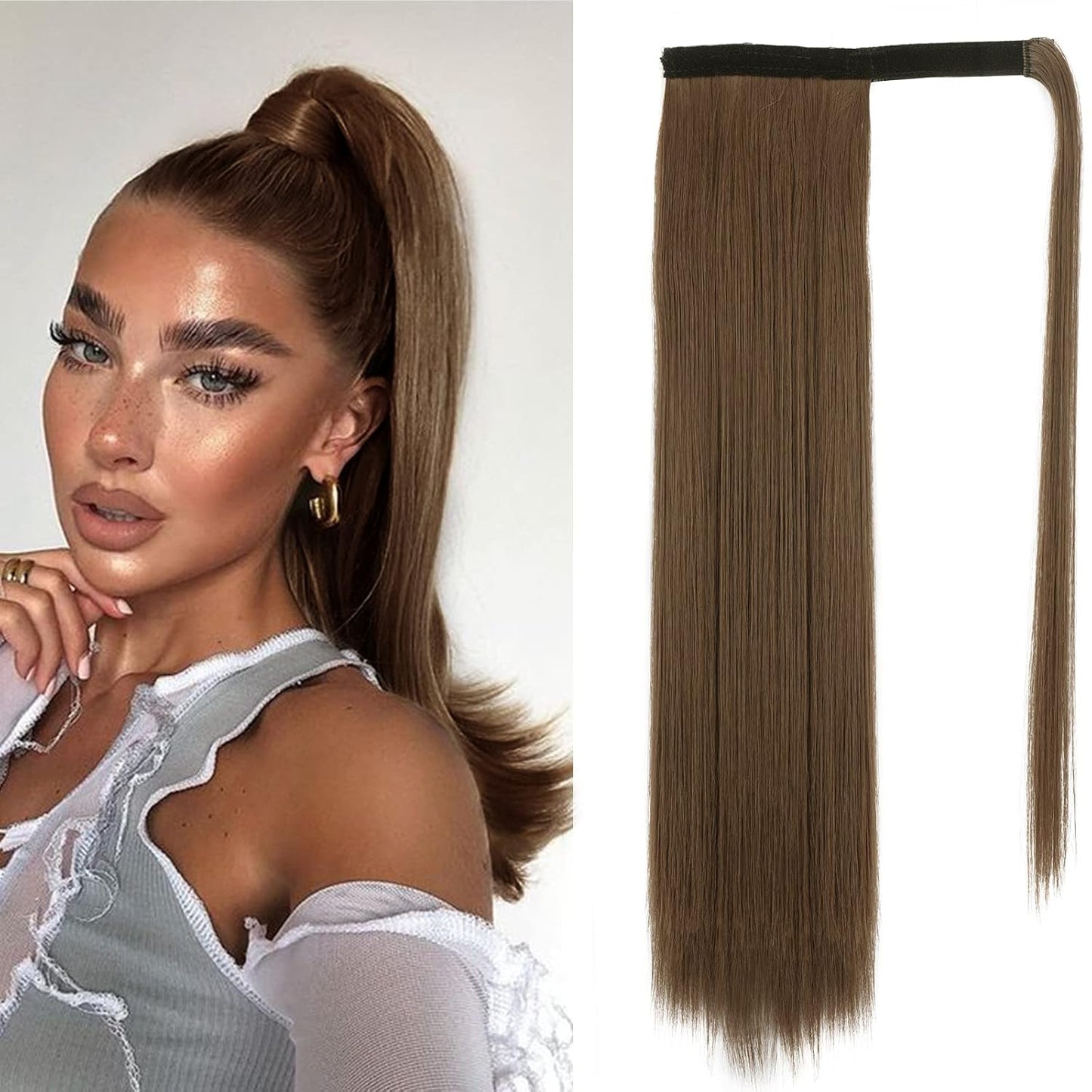 Dark Brown Straight Ponytail Extension - 28 Inch Clip-In Hairpiece for Women | Synthetic Wrap Around Style