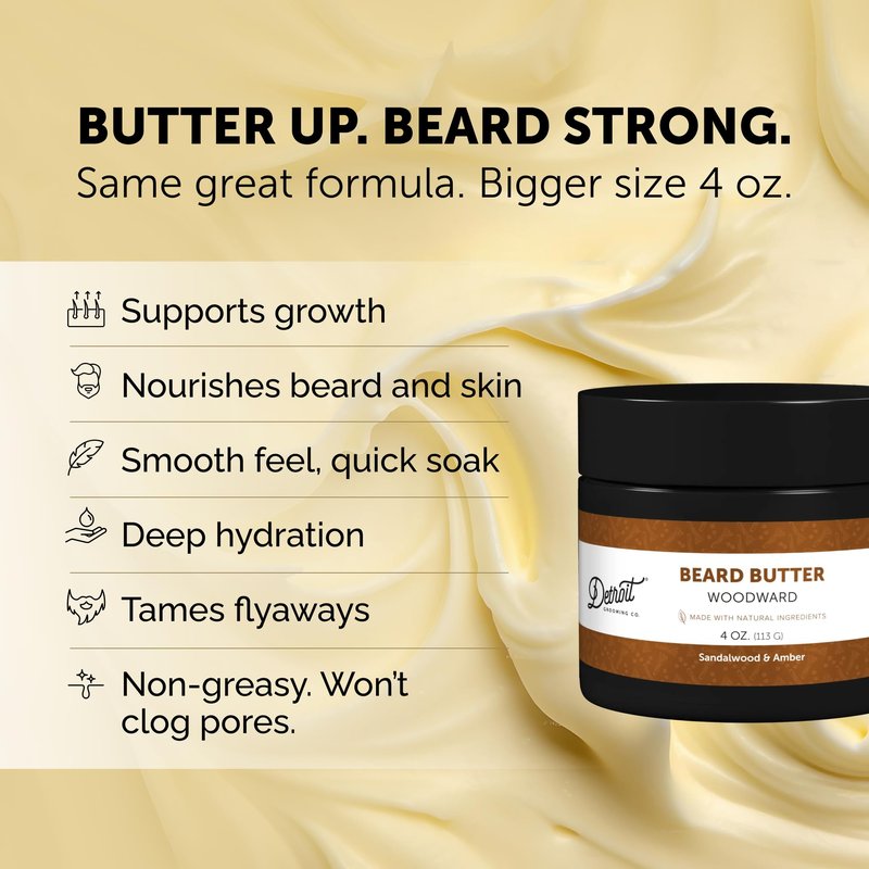 Detroit Grooming Co. Beard Butter for Men - Premium Leave-In Conditioner & Softener with Safflower Oil & Shea Butter - Hydrating Beard Moisturizer for Growth & Thickness - Woodward, 4oz