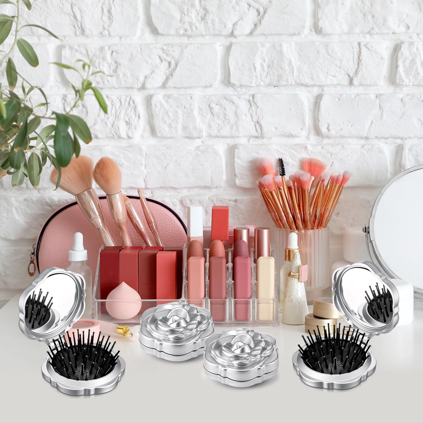 Sunnychicc 6 Pcs Rose Travel Brush for Women Mini Compact Purse Hair Brush with Mirror Wedding Bridal Bachelorette Favor Portable Pocket Mirror Folding Comb for Hairstyle Birthday Gift(Silver)