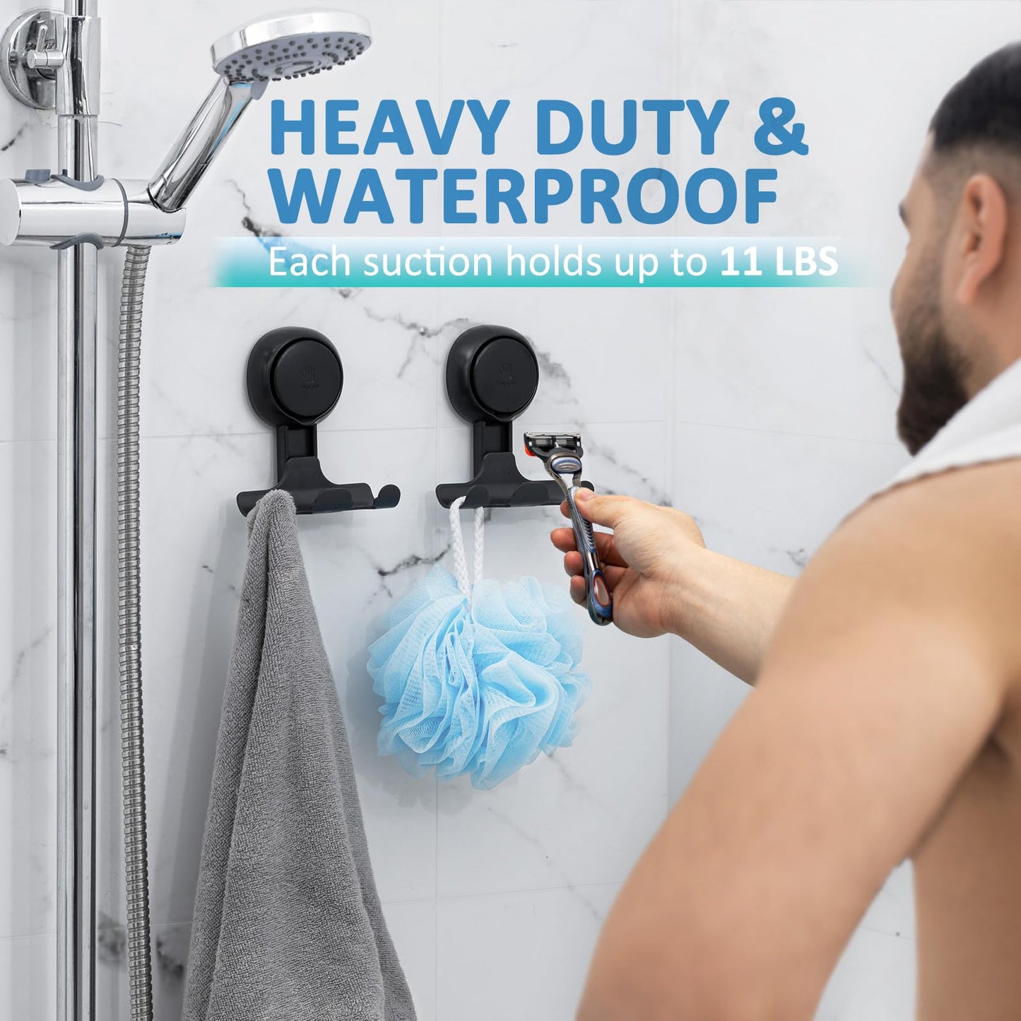 TAILI Suction Cup Razor Holder for Shower 2 Pack, Towel, Loofah, Shaver Holder for Shower Wall, Powerful Suction Cup Hooks for Inside Bathroom, Easy to Install and Reuse, Black