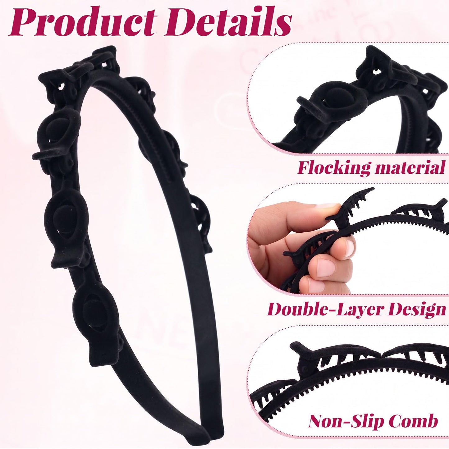YALOJE 2 Pcs Headband with Clips, 90s Butterfly Hair Clips Headband with Teeth for Women, Braided Weave Bangs Non-Slip Clip Headbands Hair Accessories for Styling Decoration- Flocked Black