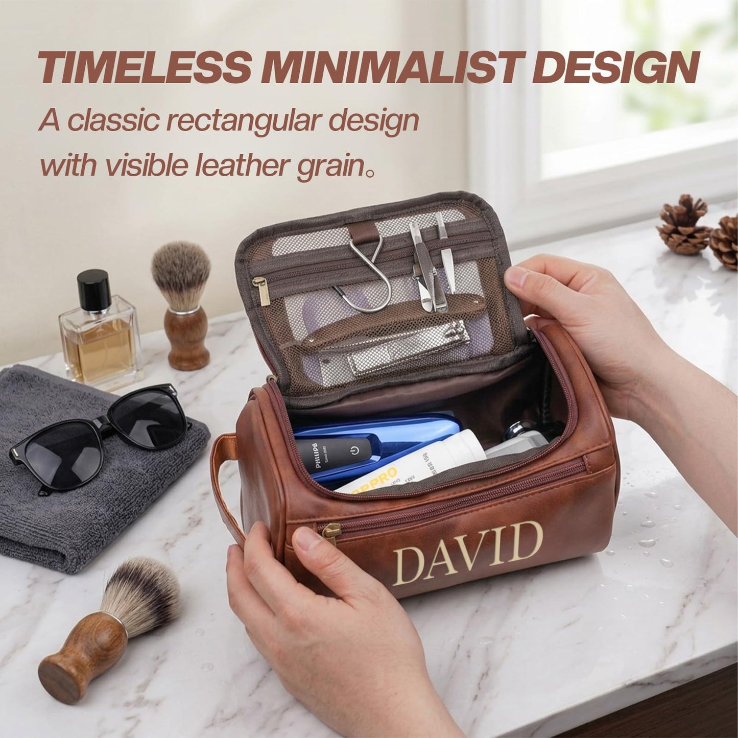 Aeekdook Personalized Toiletry Bag for Men, Engraved Name/Initial/Logo Leather Travel Dopp Kit, Groomsmen Gifts, Anniversary Father’s Day Birthday Gift for Men Boyfriend Husband Dad
