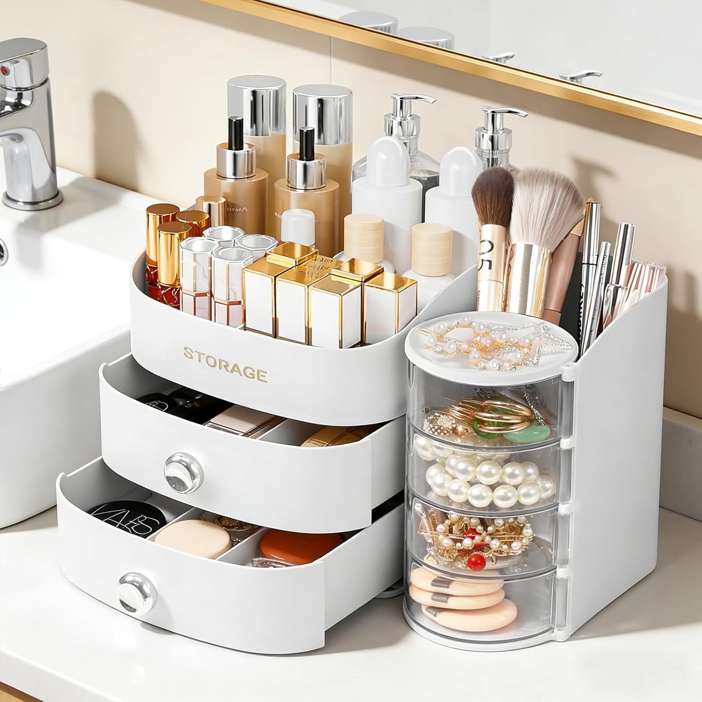 Makeup Organizer for Vanity - Skincare & Cosmetic Storage with Drawers | Brush Holder, Lipstick, Jewelry - White