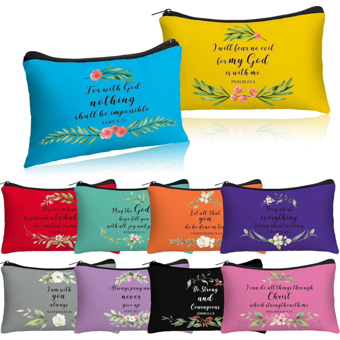 Inspirational Cosmetic Bag Set - 10 Pcs Religious Makeup Pouches for Women | Wildflower & Beige