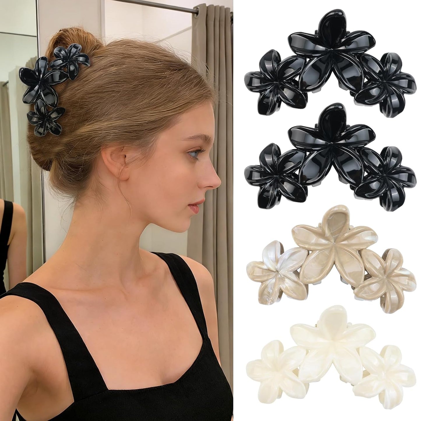 Cute Hawaiian Flower Claw Hair Clips - 4Pcs Large Clips for Thick or Thin Hair | Pink & Red Beach Accessories
