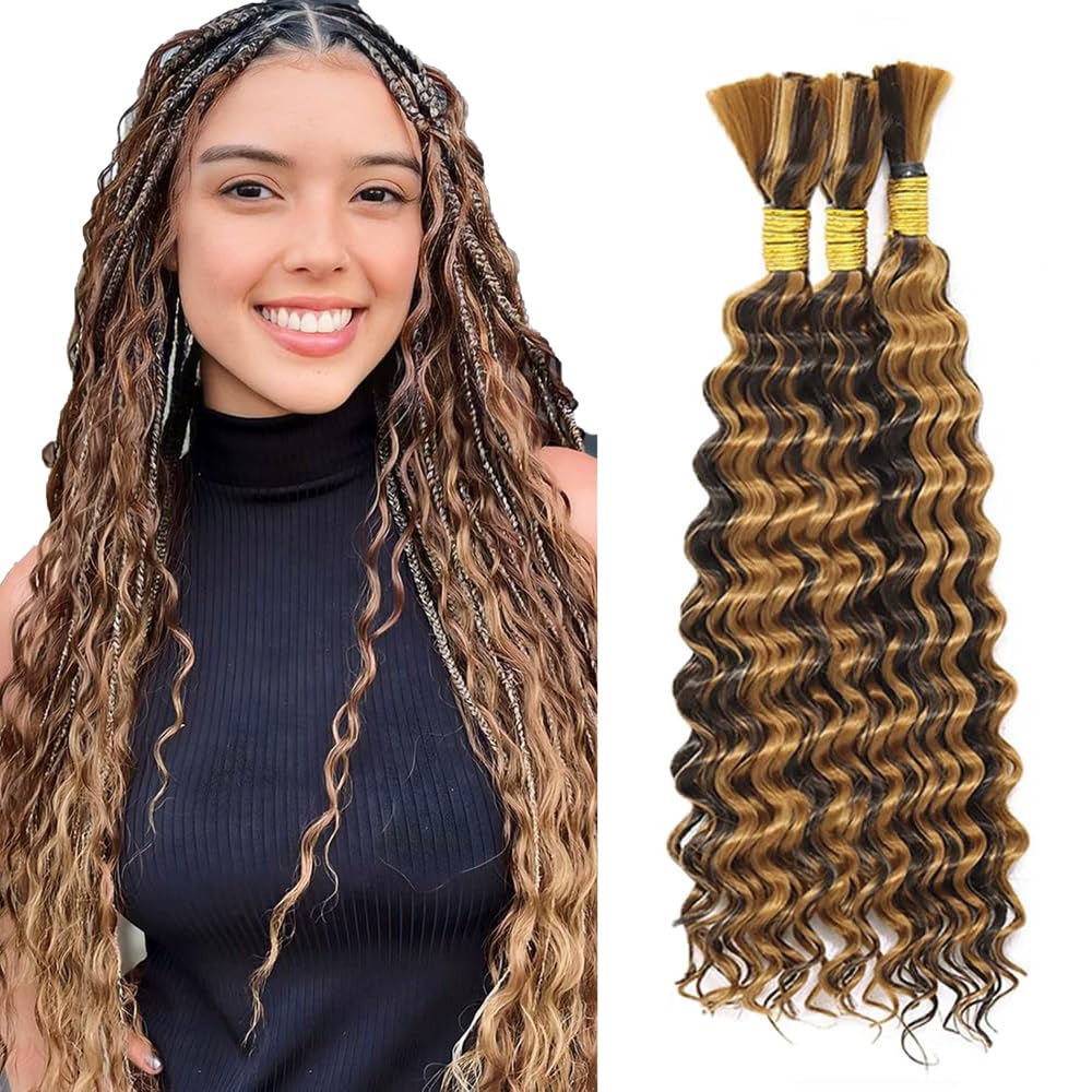 P427 Highlight Blonde Human Braiding Hair Deep Wave Bulk 24 24 24 Inch 150g/3 Bundles Light Honey Blonde Deep Wave Braids Human Hair Extensions