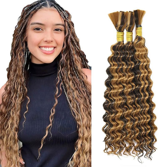 P427 Highlight Blonde Human Braiding Hair Deep Wave Bulk 24 24 24 Inch 150g/3 Bundles Light Honey Blonde Deep Wave Braids Human Hair Extensions