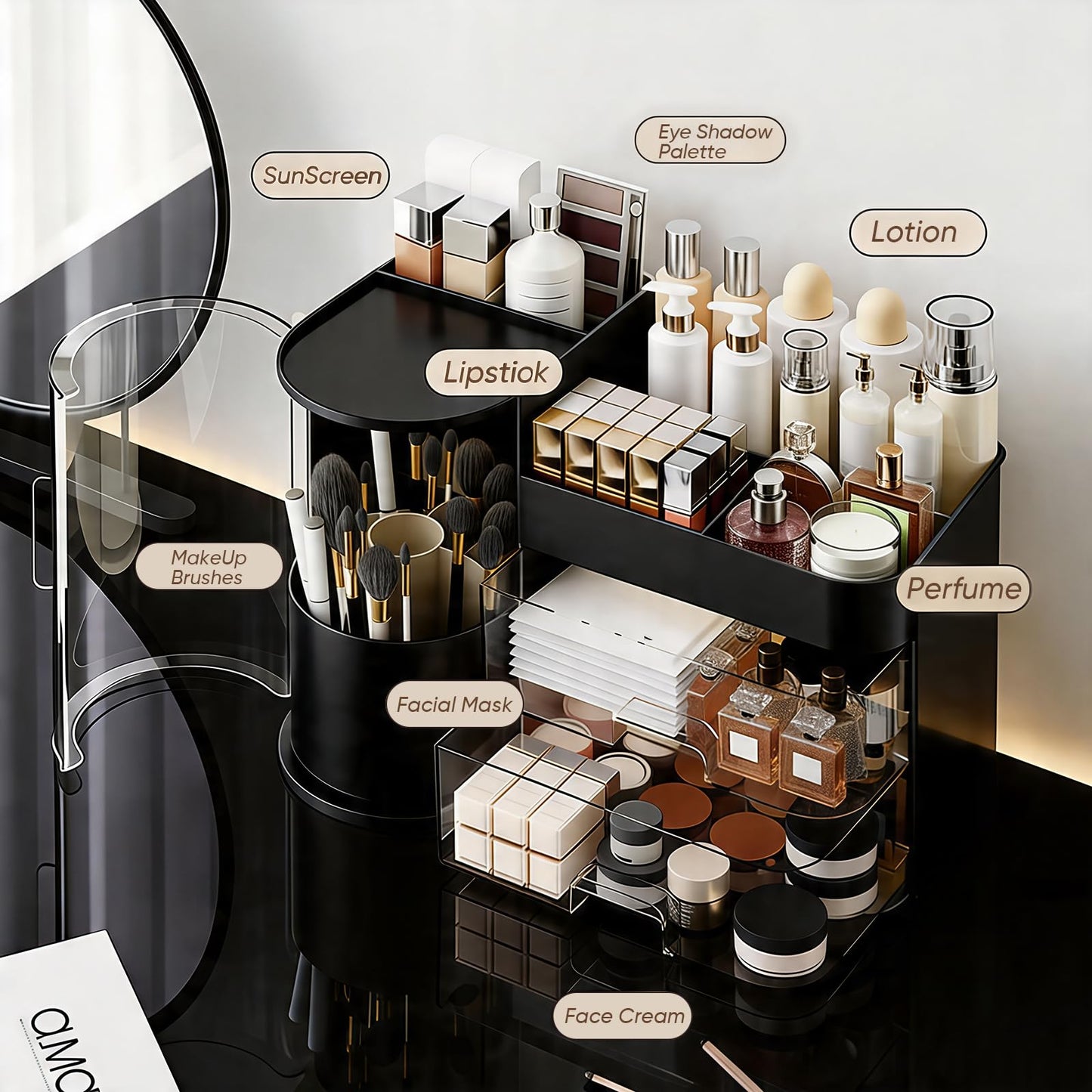 TIMBERHIDE Makeup Organizer,Rotating Cosmetic Storage Organizer with Drawers,Large Capacity Makeup Brush Holder,Skincare Vanity Organizer for Bathroom Countertop,Black