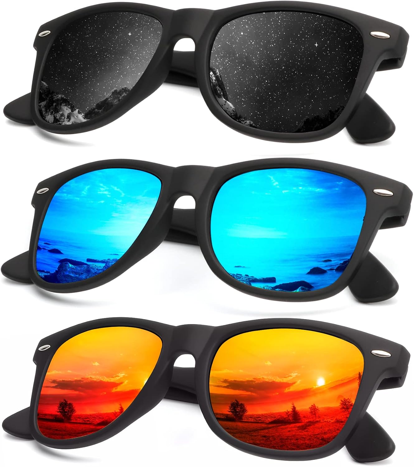 KALIYADI Polarized Sunglasses - Matte Finish, UV Blocking, Color Mirror Lenses | 3-Pack for Men & Women