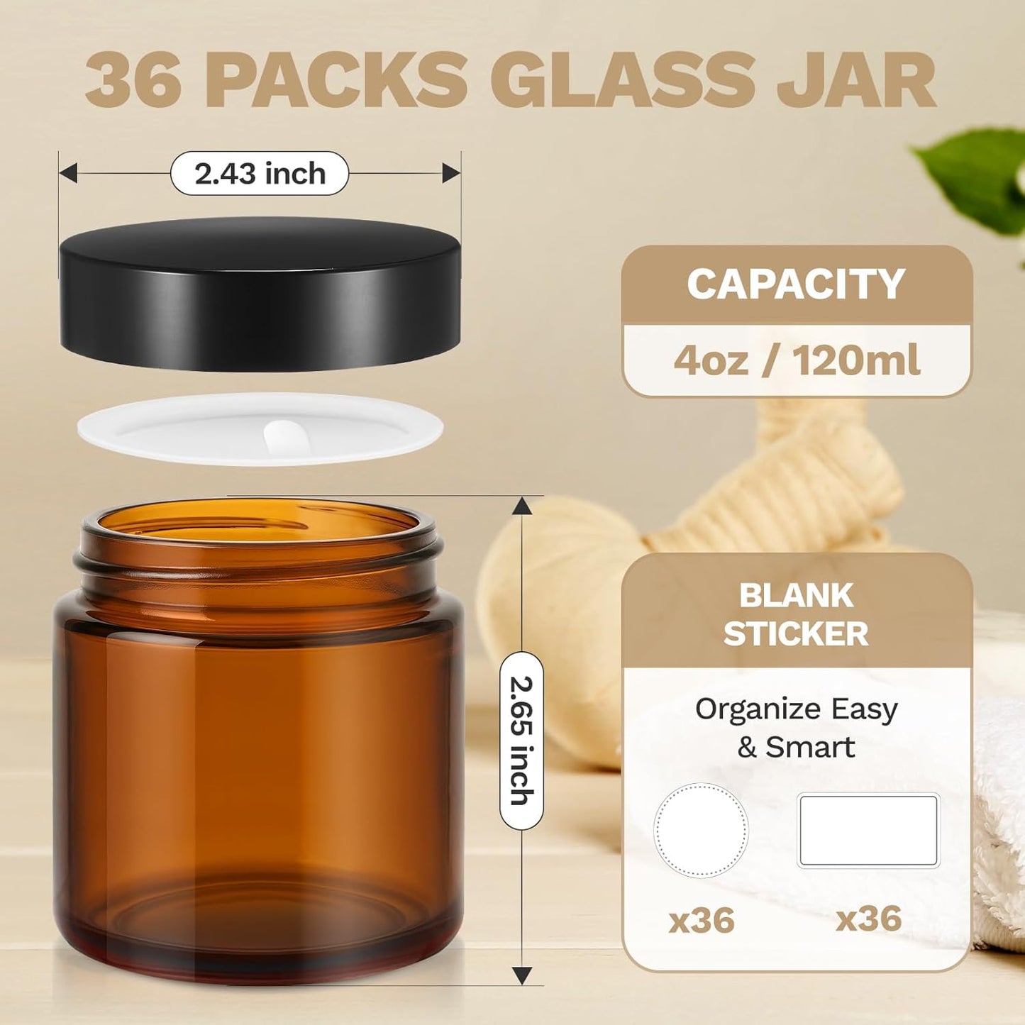 Amber Glass Lotion Jars - 36 Pack 4 oz Refillable Containers with Lids & Inner Liners | Ideal for Creams & Scrubs