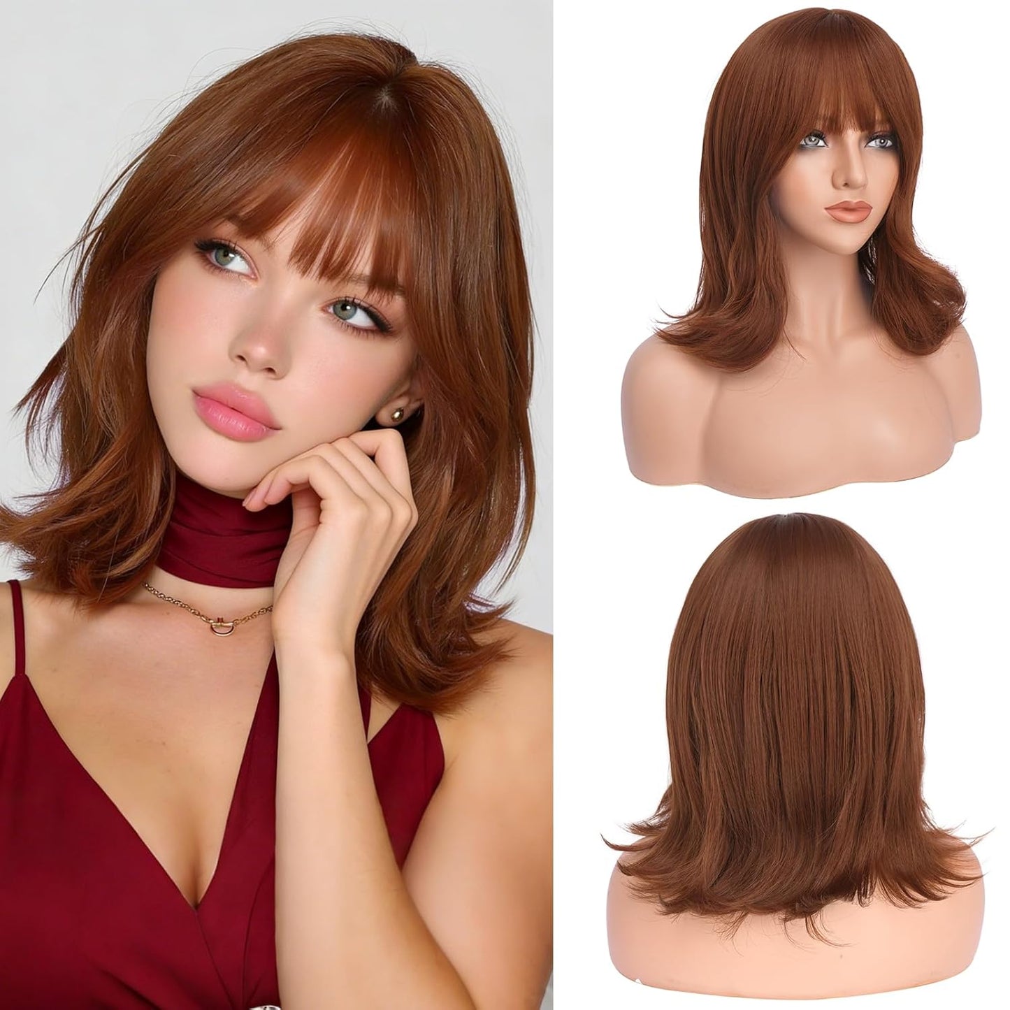 Brown Short Bob Wig with Bangs - Wavy Layered Synthetic Hair for Women | 14 Inch Natural Look with Highlights