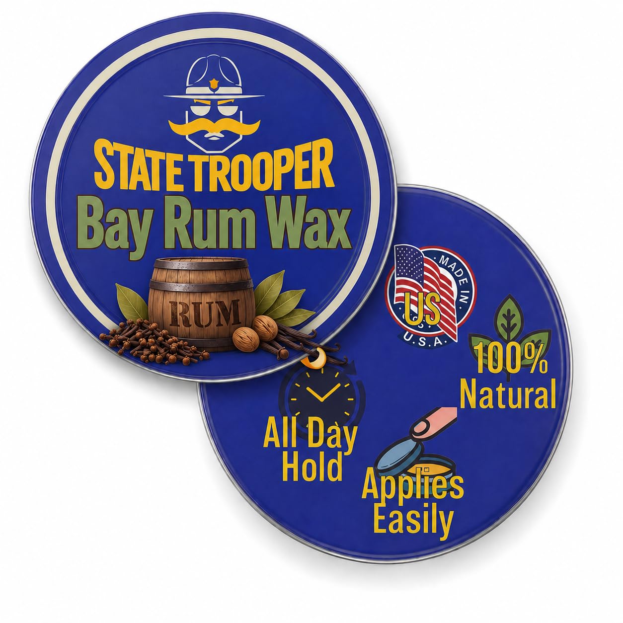 State Trooper Bay Rum - Medium Hold Mustache Wax with Beeswax, Coconut Oil & Lanolin – Natural Moustache Grooming & Styling - Nourishing Moustache Conditioner & Sculpting - 1 Ounce Tin