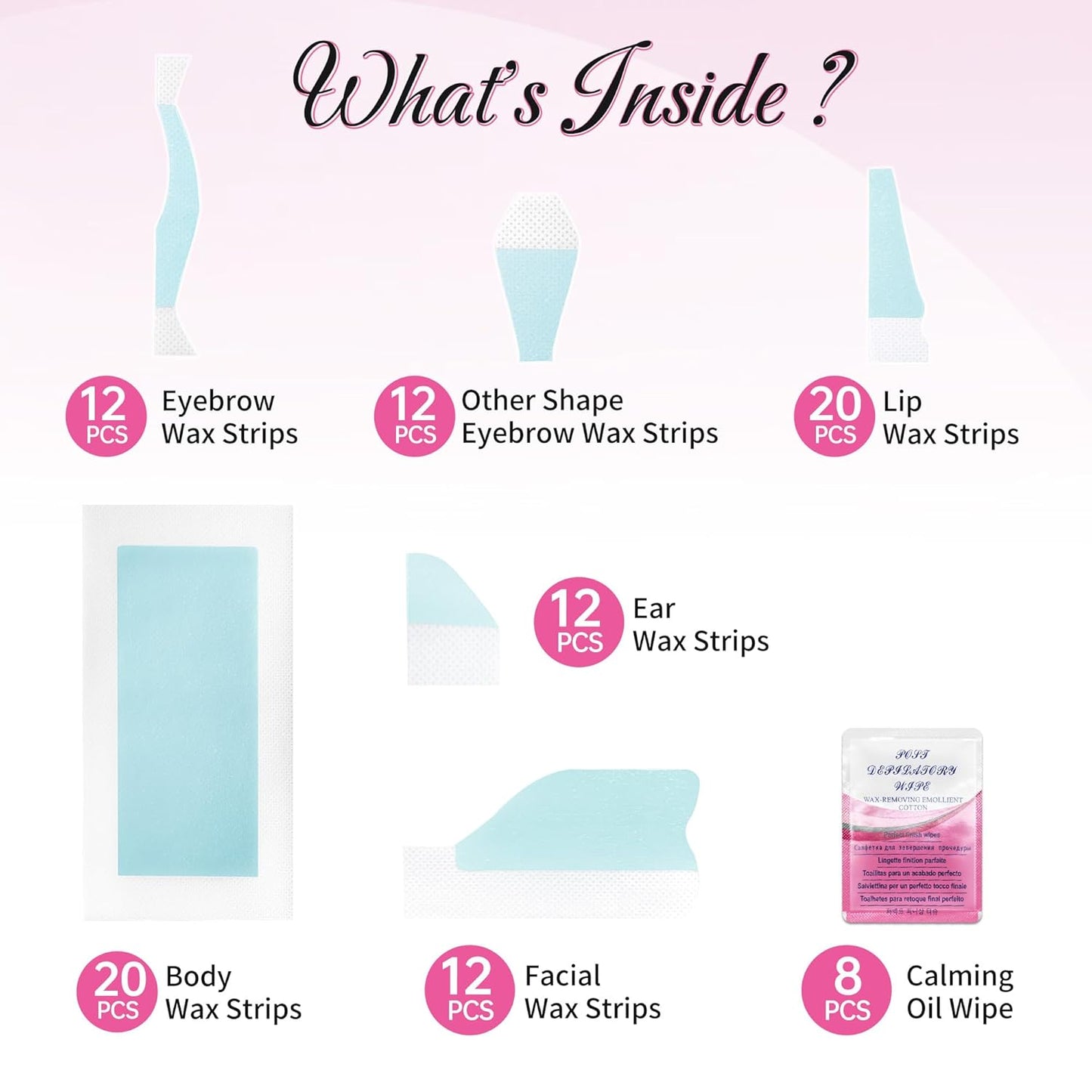 Eyebrow Wax Strips - 88pcs All-in-One Body Wax Strips for Hair Removal | Includes 8 Calming Oil Wipes, Suitable for All Skin Types