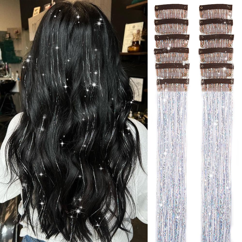 Clip In Hair Tinsel Extensions - 20 Inch Glitter Strands for Festivals | 12 Pcs Black Dazzle Kit for Women & Girls