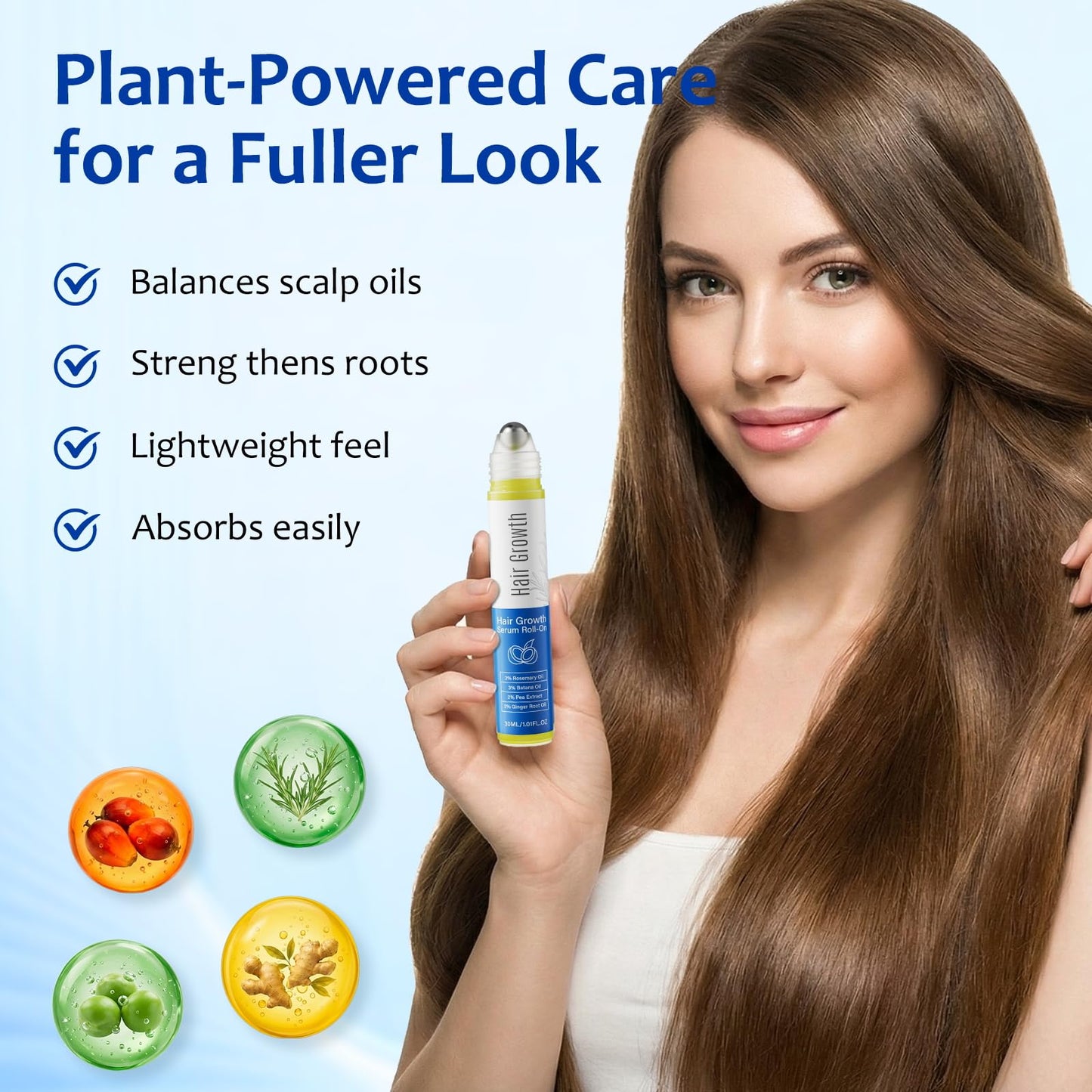 Hair Growth Serum Roll On with 3% Rosemary,3% Batana Oil,2% Pea Extract,2% Ginger Root Oil,Stronger Root,stimulate follicle,Hair Thicker,Hair Loss Treatment,Hair Growth Serum(30ML/1.01FL.OZ)