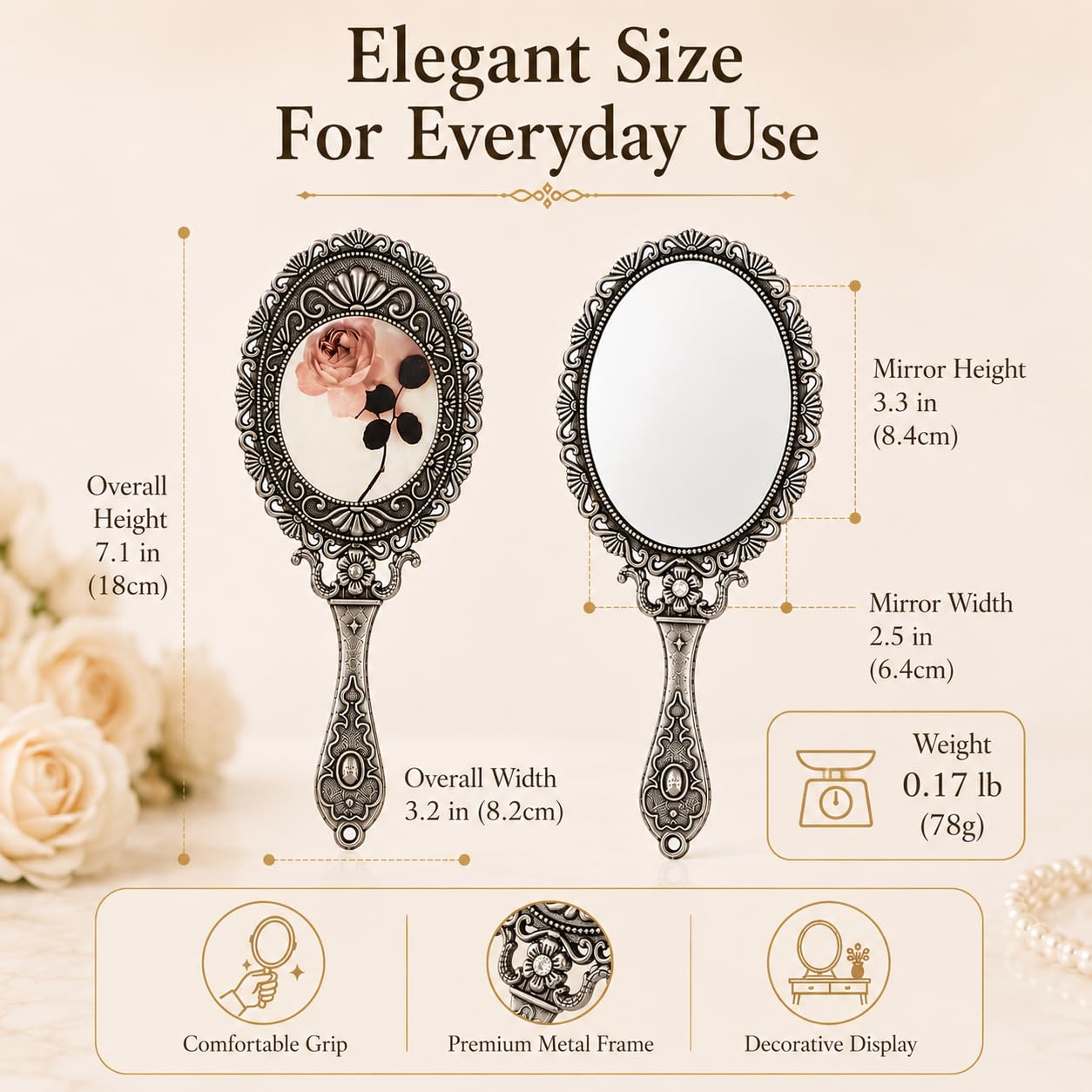 SEHAMANO Hand Mirror with Handle Compact Handheld Makeup Mirror Rose Cosmetic Clear Mirror (Matt Silver (Tin))