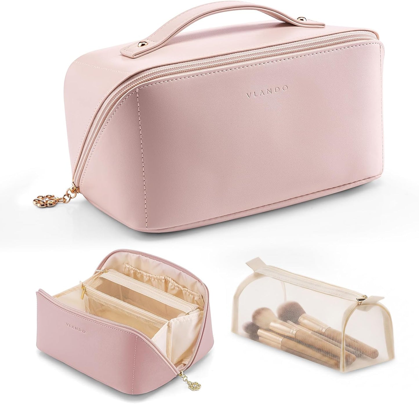 VLANDO Makeup Bag - Travel Toiletry & Cosmetic Bag for Women | PU Leather, Portable Design - Toffee