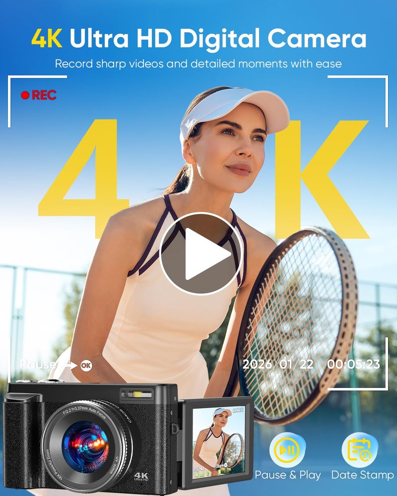 4K Digital Camera for Photography, 2026 Latest WiFi 64MP Vlogging Camera for YouTube with 180° flip Screen, Autofocus Anti-Shake, 16X Zoom, Compact Travel Camera, 32GB Card, 2 Batteries, Black