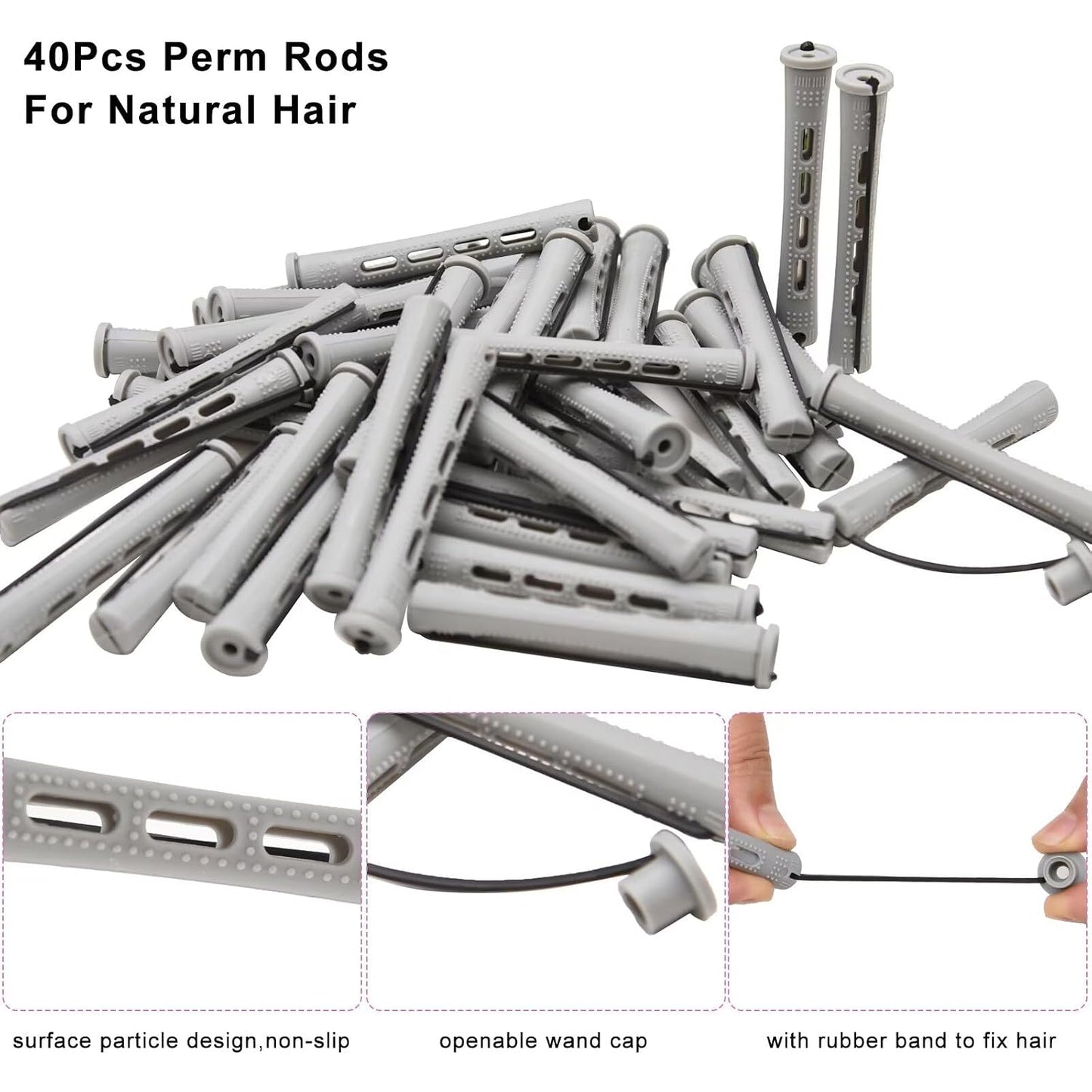 40PCS Perm Rods - Heatless Non-Slip Hair Rollers for Short & Long Hair | 0.59 Inch Grey DIY Hairdressing Tools