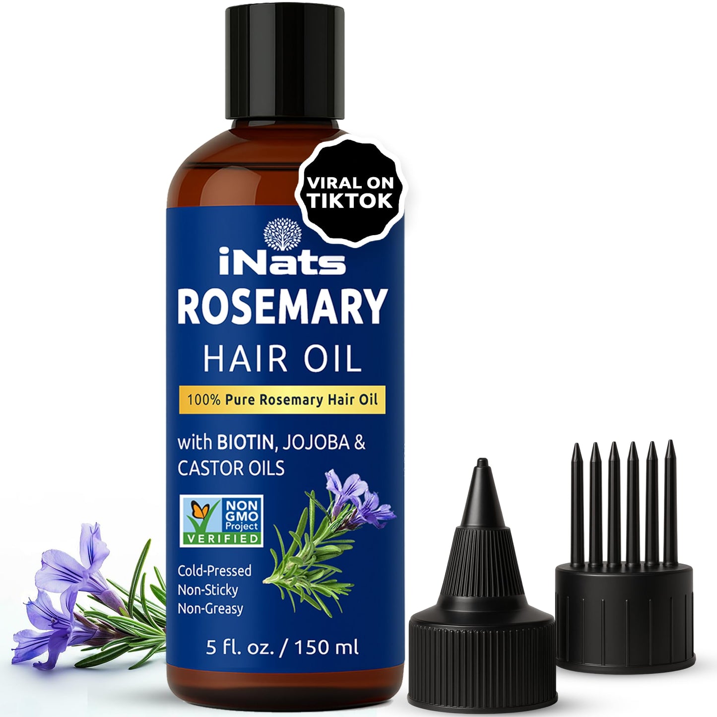 iNats 100% Pure Rosemary Oil for Hair Growth (5 fl oz) - Cold Pressed & Natural Infused w/Biotin, Jojoba & Castor Oils - Hair Oil Repairs Dry Damaged Hair, Strengthening, Healthier, Nourishing Hair