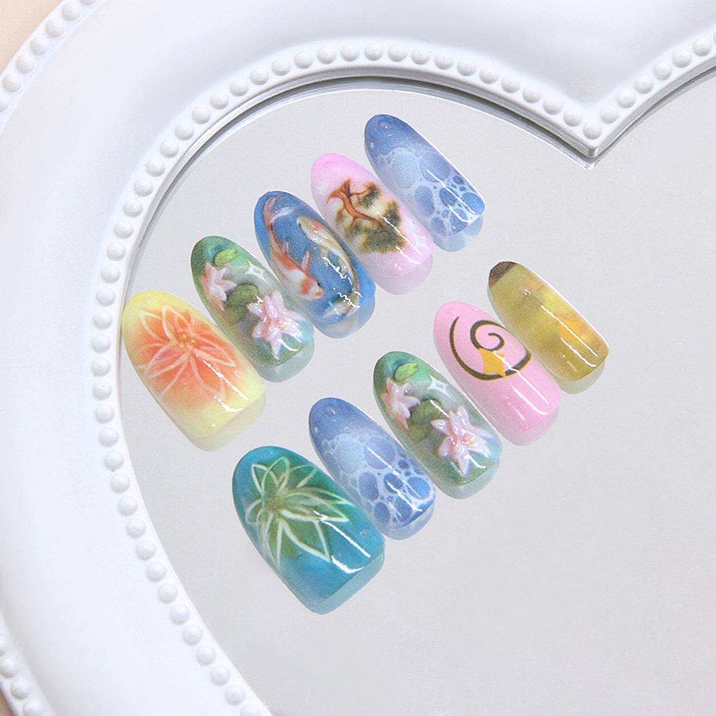 Press-On Nails - 24Pcs Medium Almond Fake Nails with Lotus & Lucky Koi Design | Glossy Full Cover for Spring/Summer DIY Manicure