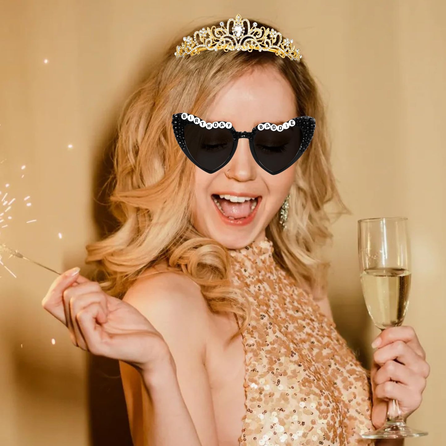 KICOSY 3PCS Birthday Baddie Sash, Crystal Crown and Sunglasses Funny Baddie Outfits Birthday Party Accessories